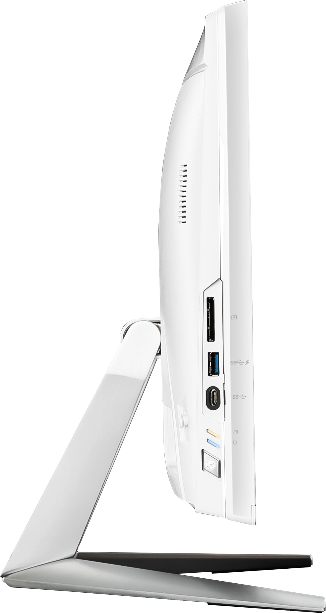 Biały monitor komputera, widok z boku, z portami i podstawą.