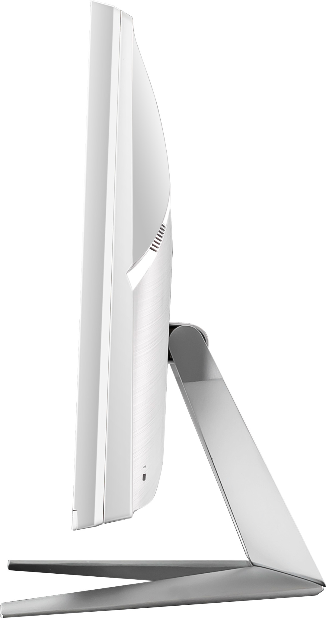 Biały monitor komputerowy widziany z boku. Elegancki design ze srebrną podstawą.