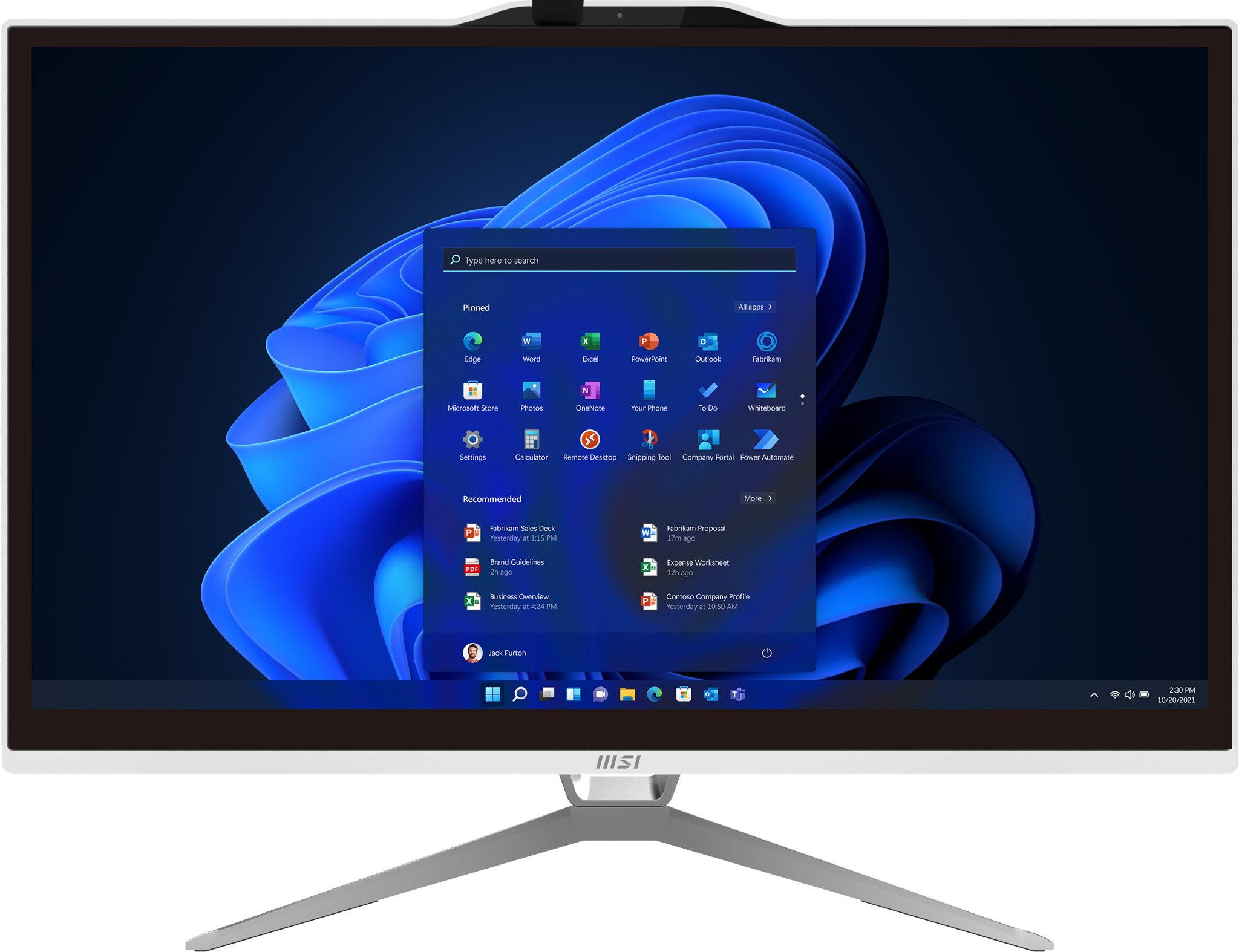 Komputer MSI All-in-One z białą ramką i wyświetlaczem pulpitu Windows 11.