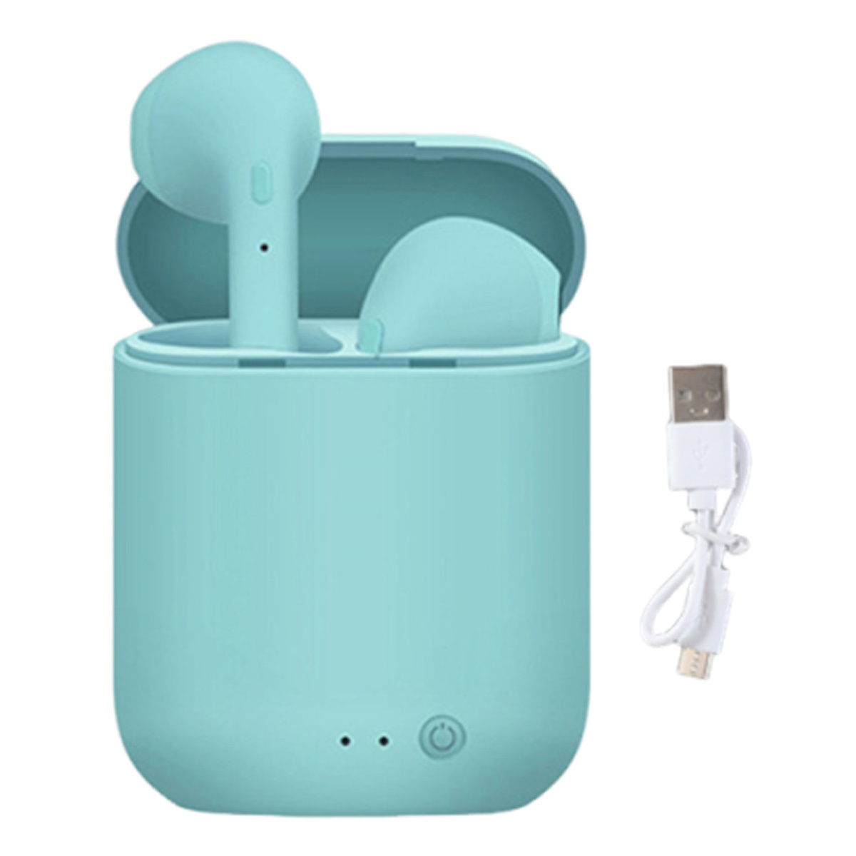 Hellblaue kabellose Ohrhörer und Ladecase mit USB-Ladekabel.
