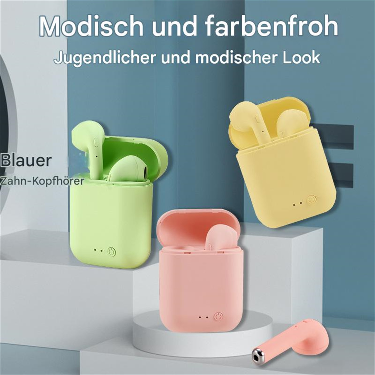 Drei bunte Ohrhörer mit Ladeetuis. Pink, grün und gelb.