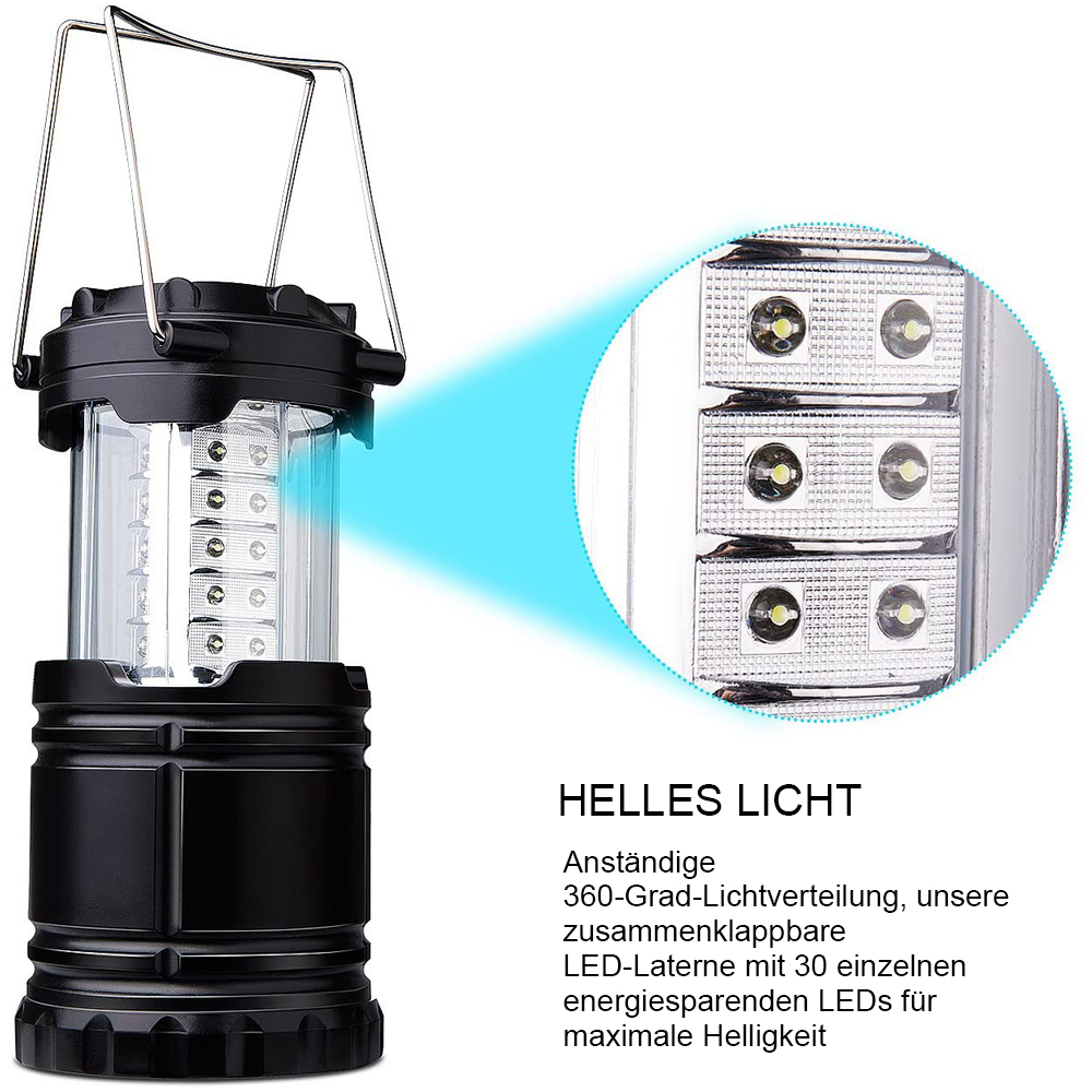 Schwarze Laterne mit LED-Leuchten, hervorgehobenes Detail und Text.