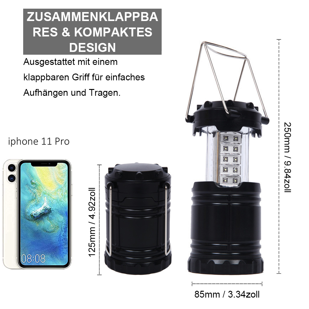 Faltbare Laterne mit Telefon links und Maßangaben auf weißem Hintergrund.