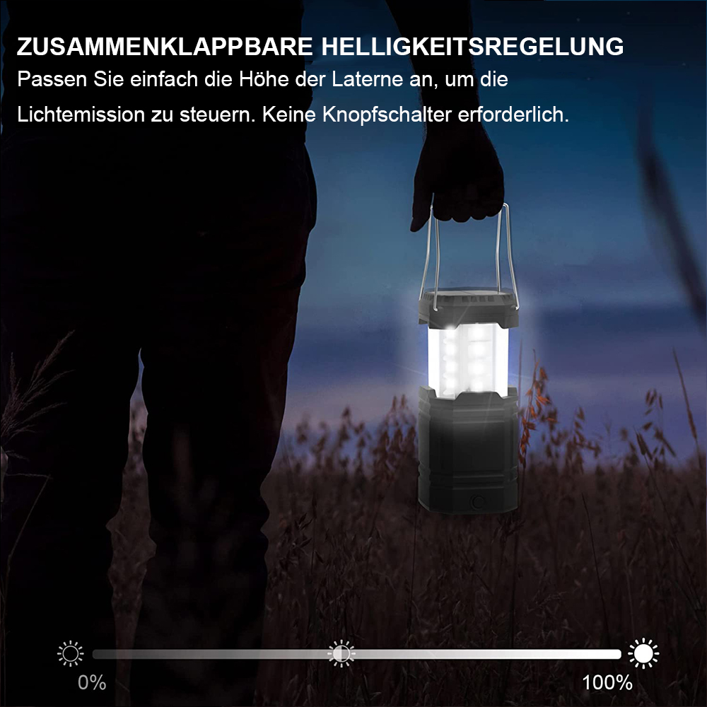 Eine Person, die nachts eine Laterne hält. Die Laterne strahlt Licht aus. Text: Einstellbare Helligkeit.