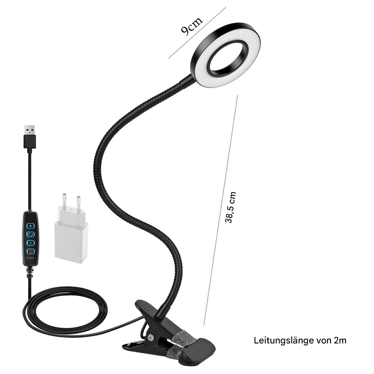 Flexible Schreibtischlampe. Sie hat einen schwarzen Schwanenhals, eine Klammer und ein rundes Licht mit weißem Rahmen.
