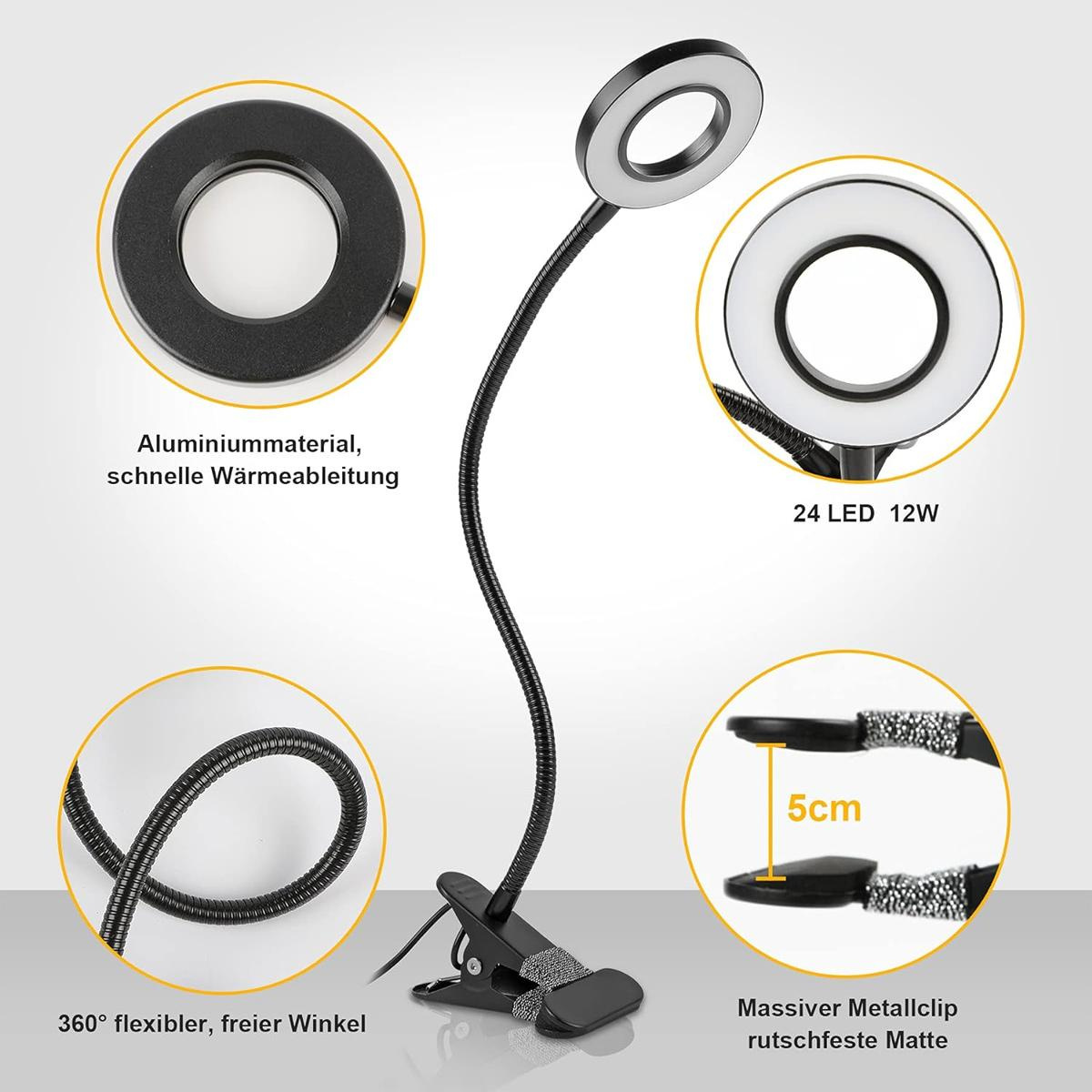Eine flexible LED-Ring-Leuchte mit Clip-Basis und flexiblem Hals. Sie hat eine schwarze Oberfläche.