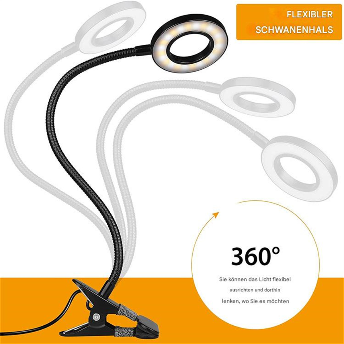 Ein flexibles LED-Ringlicht mit Clip. Das Licht ist verstellbar und um 360 Grad drehbar.
