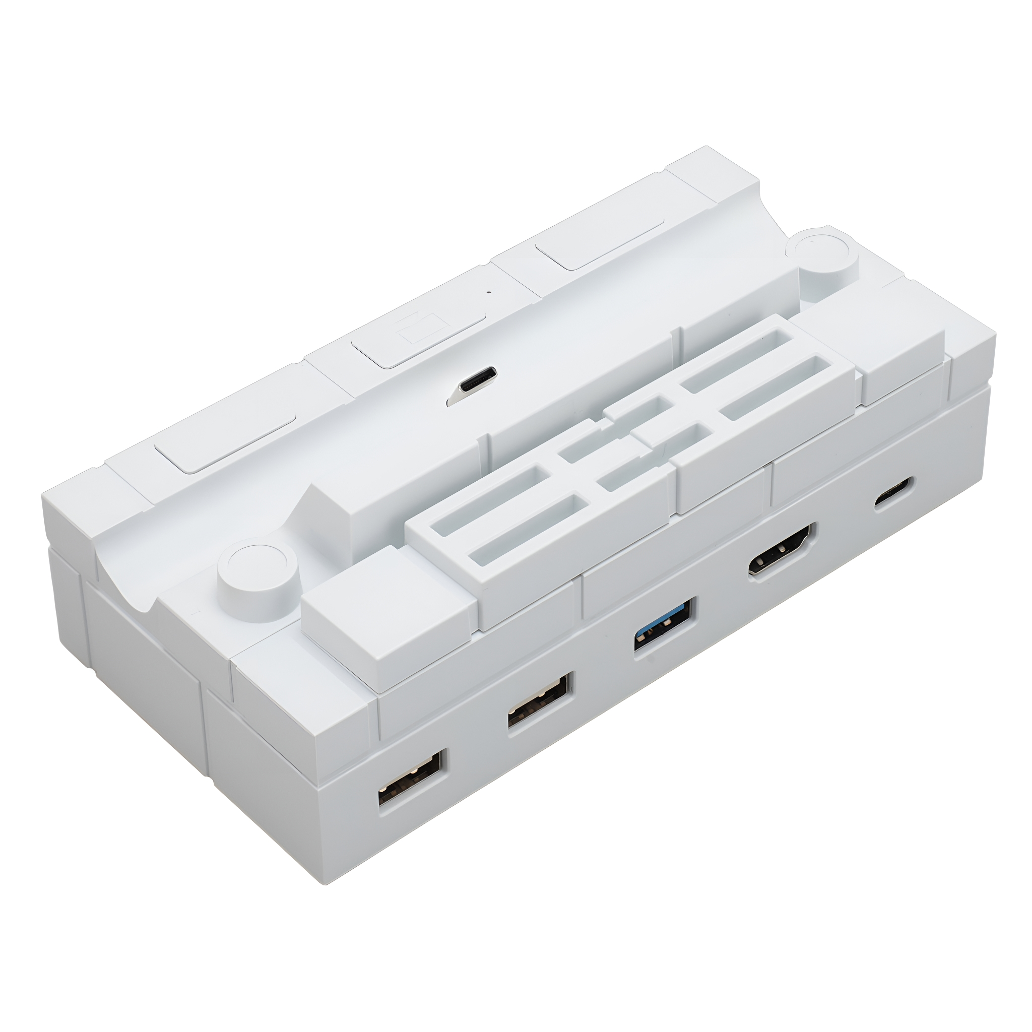 Eine weiße Dockingstation mit mehreren Anschlüssen. Sie verfügt über USB-, HDMI- und andere Anschlüsse.