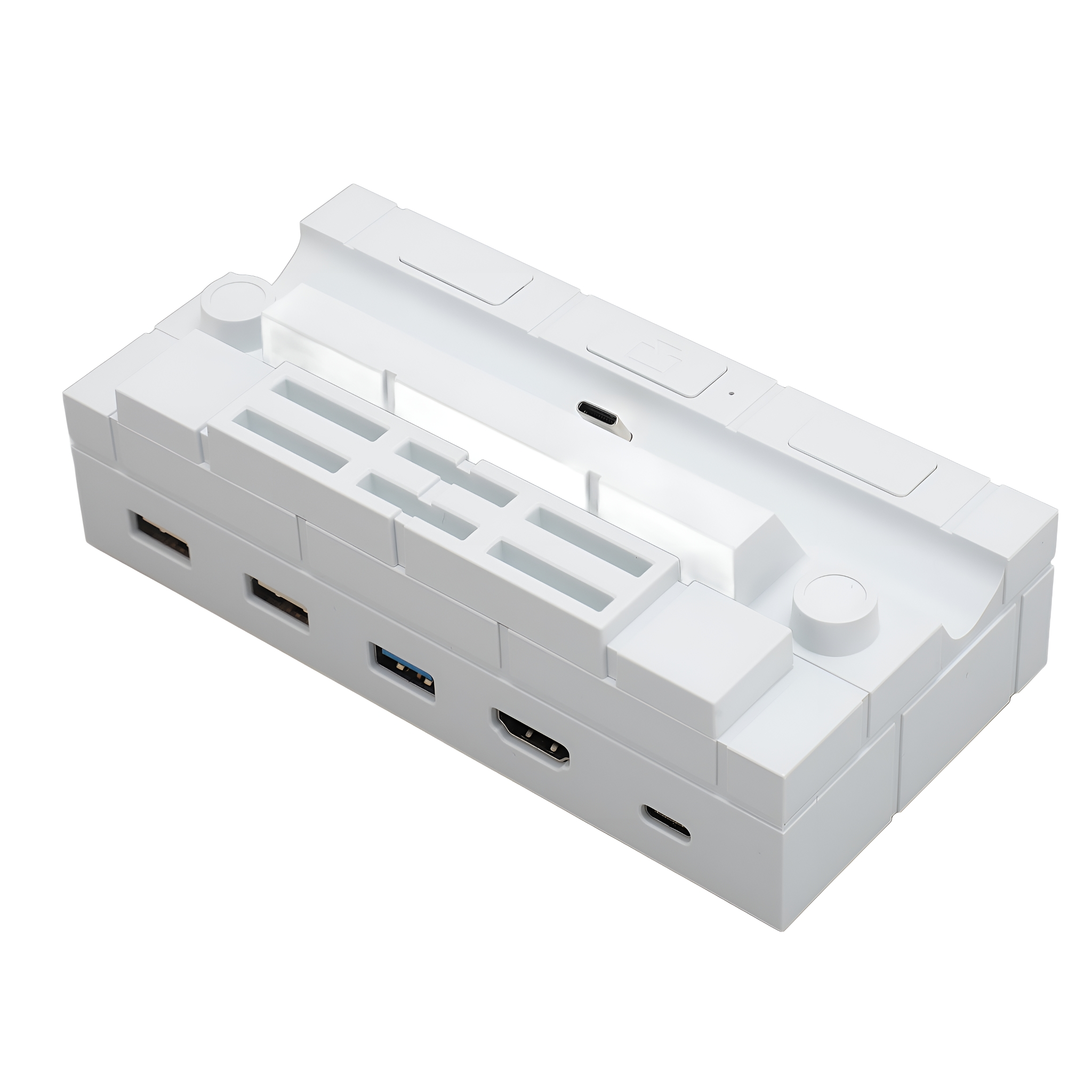Ein weißes, ziegelsteinähnliches Gerät mit mehreren USB- und HDMI-Anschlüssen, auf weißem Hintergrund.