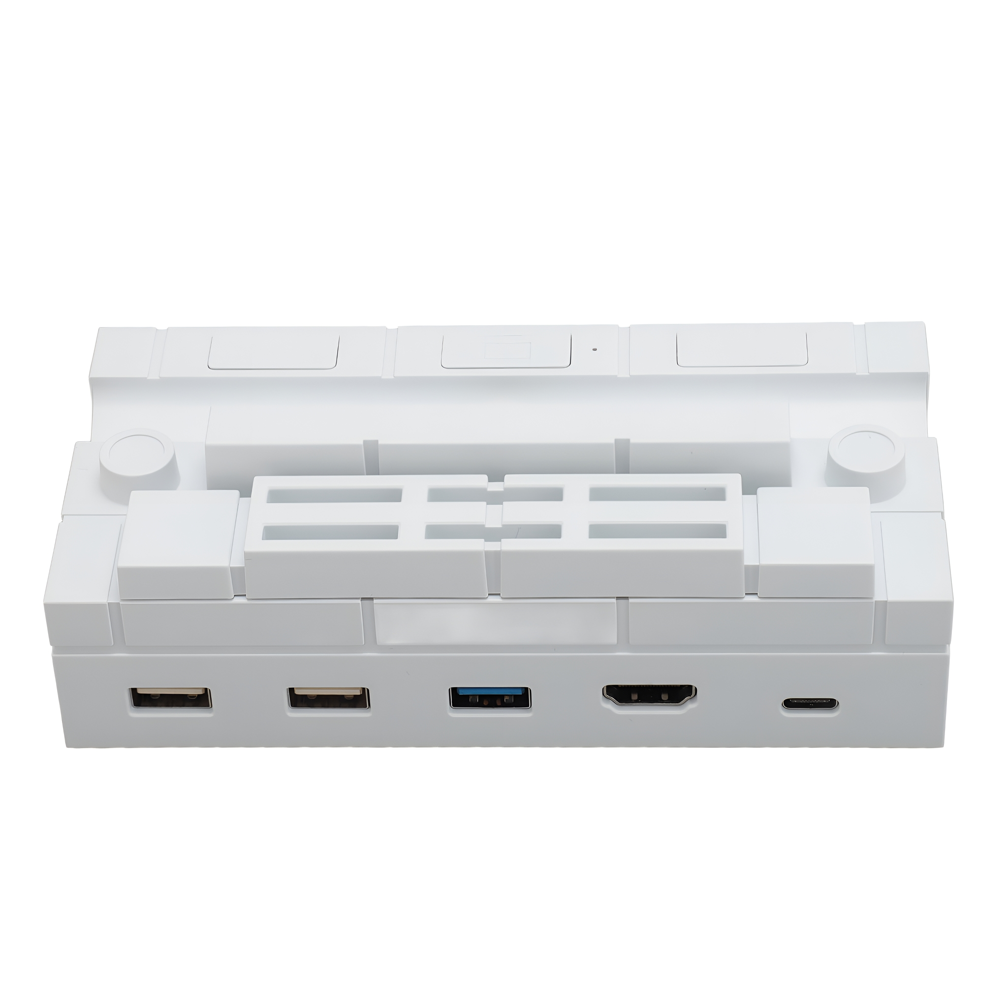 Weißes rechteckiges Gerät mit mehreren Anschlüssen: USB, HDMI und USB-C, wahrscheinlich ein Hub.