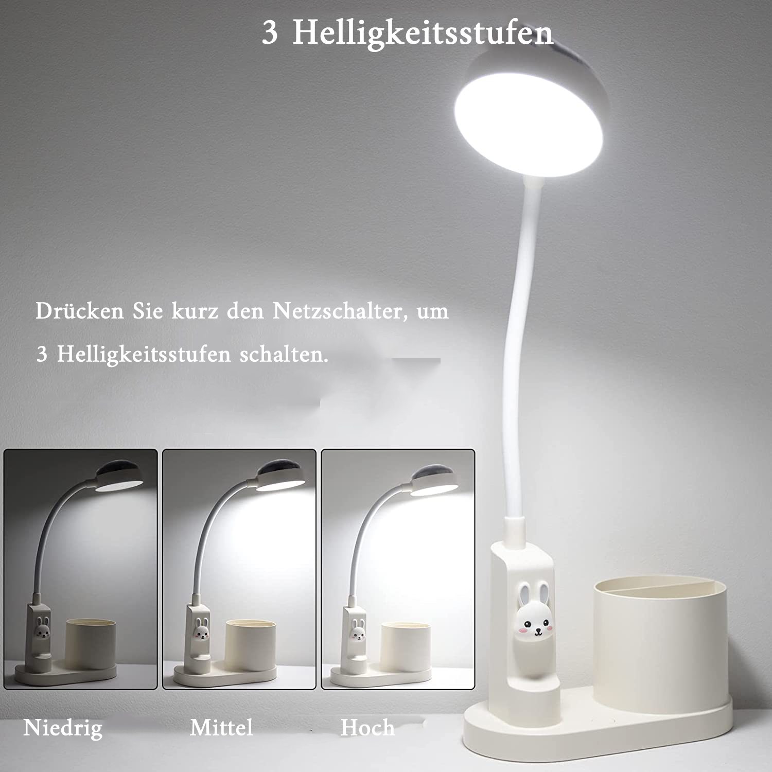 Eine weiße Schreibtischlampe mit flexiblem Hals und Stifthalter. Es gibt 3 Helligkeitsstufen.