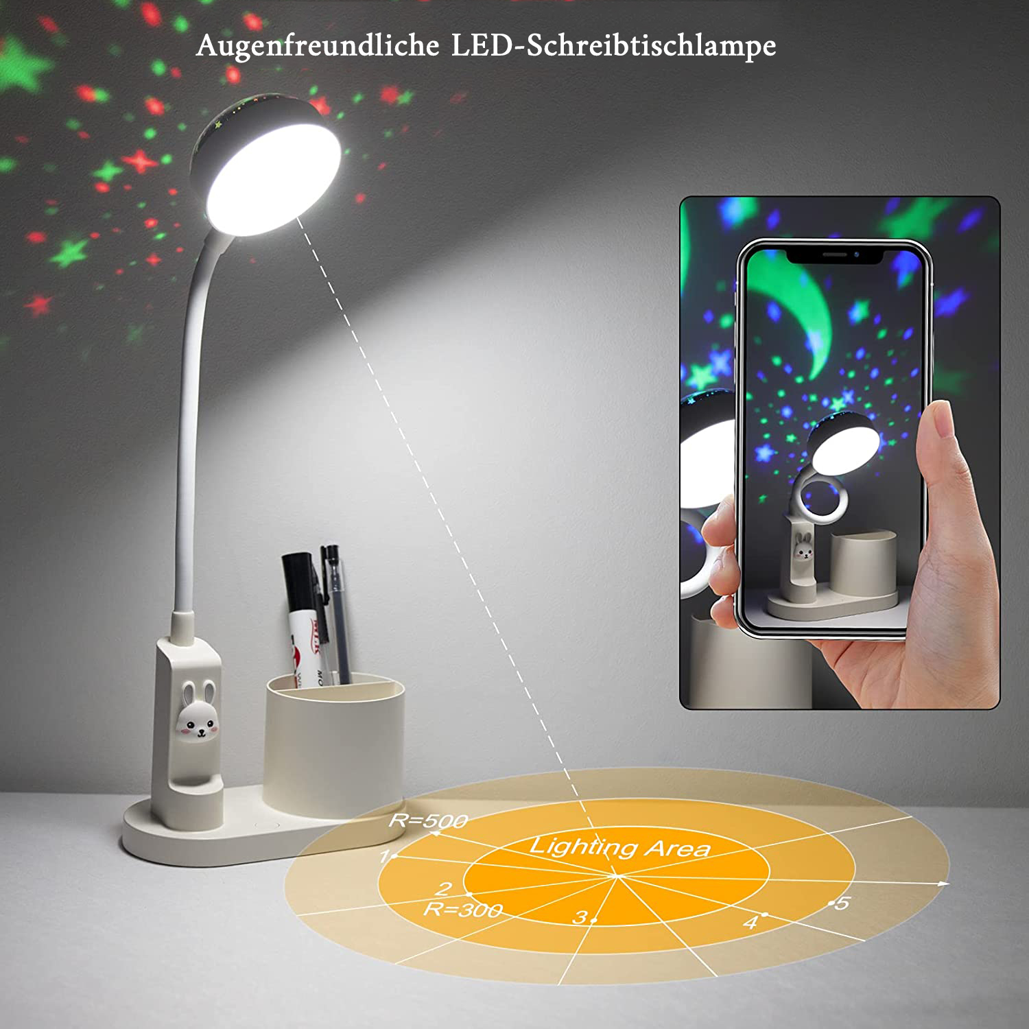 Weiße Schreibtischlampe mit Hasendesign, zwei Stiften und Sternenprojektor.