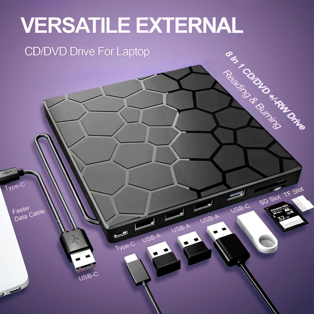 Schwarzes externes CD/DVD-Laufwerk. Es hat mehrere USB-Anschlüsse und Steckplätze. Ein weißes Telefon im Hintergrund.
