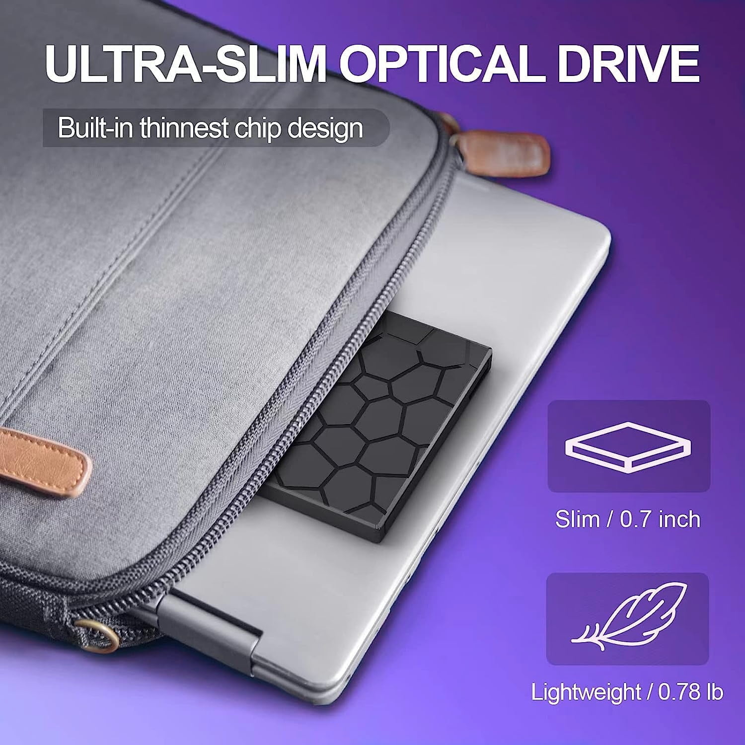 Schwarzes ultraschlankes optisches Laufwerk in einer grauen Laptoptasche. Text: 'ULTRA-SLIM OPTICAL DRIVE'.