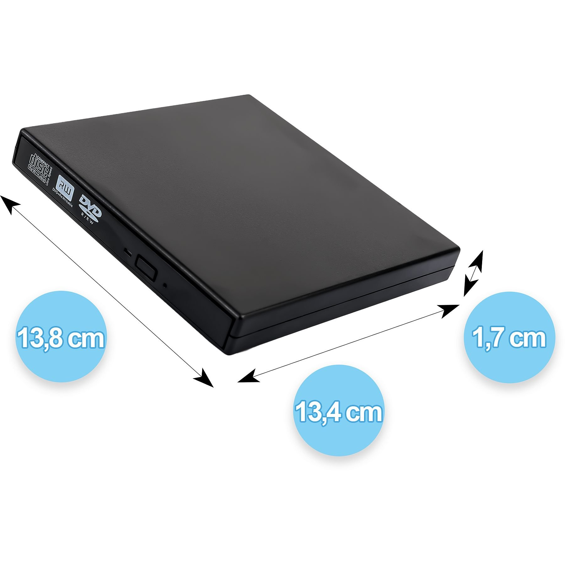 Ein schwarzes, rechteckiges DVD-Laufwerk mit Maßen in cm: 13,8x13,4x1,7.