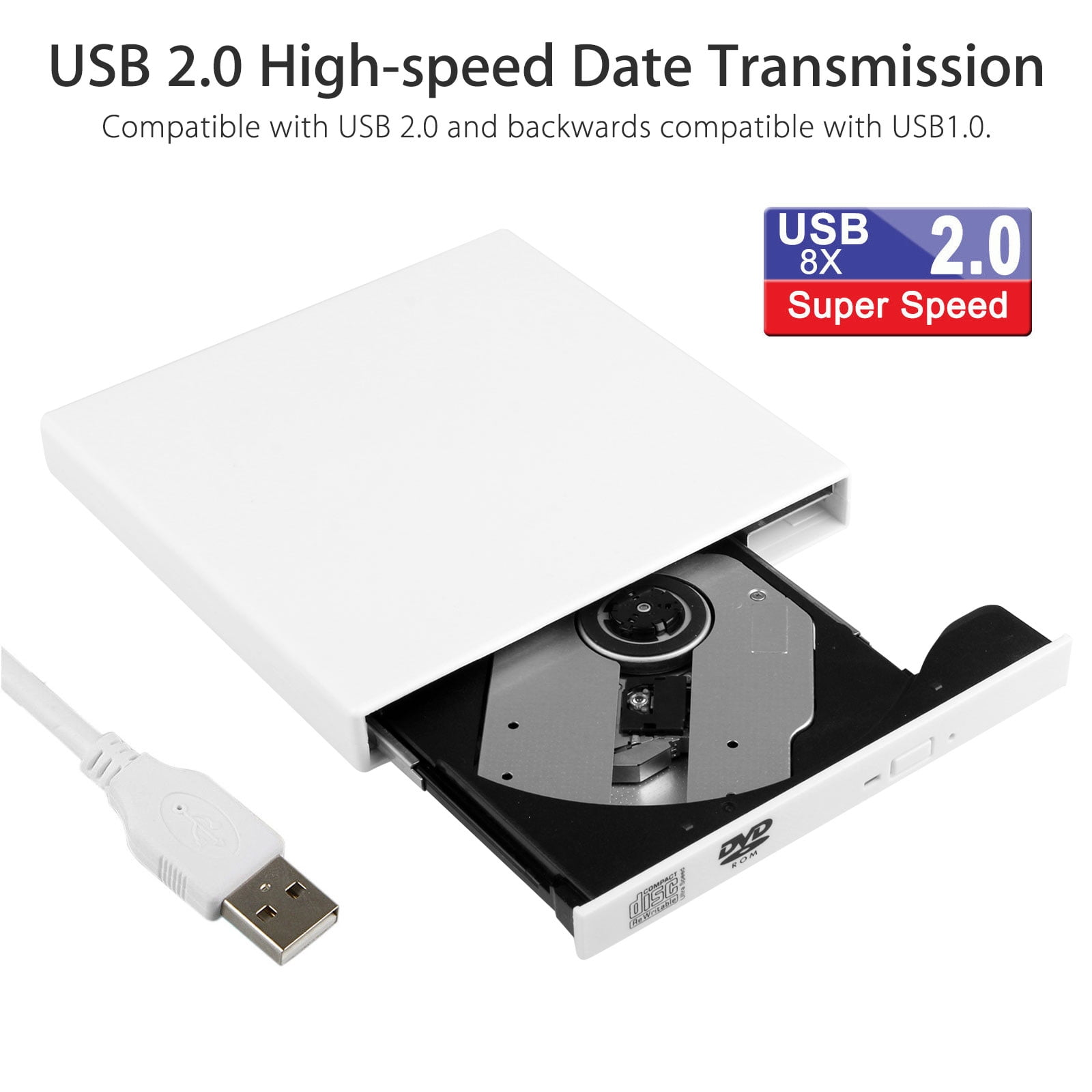 Weißes externes DVD-Laufwerk mit USB-Kabel. Das Laufwerk ist geöffnet und zeigt sein Inneres.