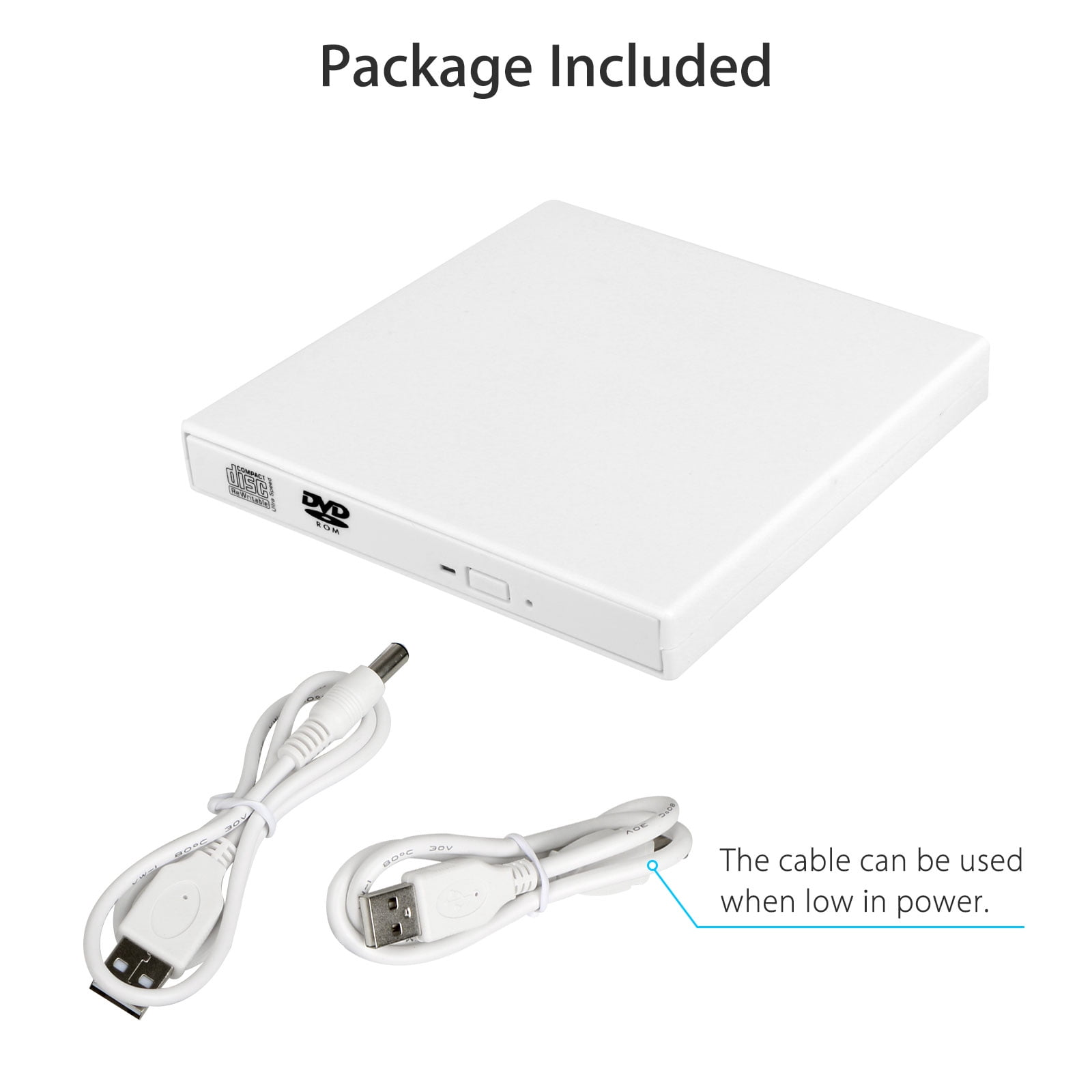 Weißes DVD-COM-Gerät mit USB- und Stromkabeln. Text: 'Das Kabel kann bei geringer Leistung verwendet werden'.