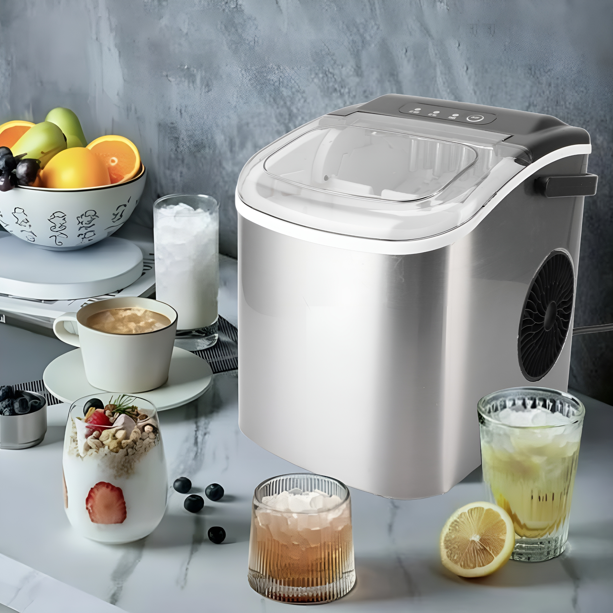 Eiswürfelmaschine neben Joghurt, Eisgläsern und einer Obstschale.