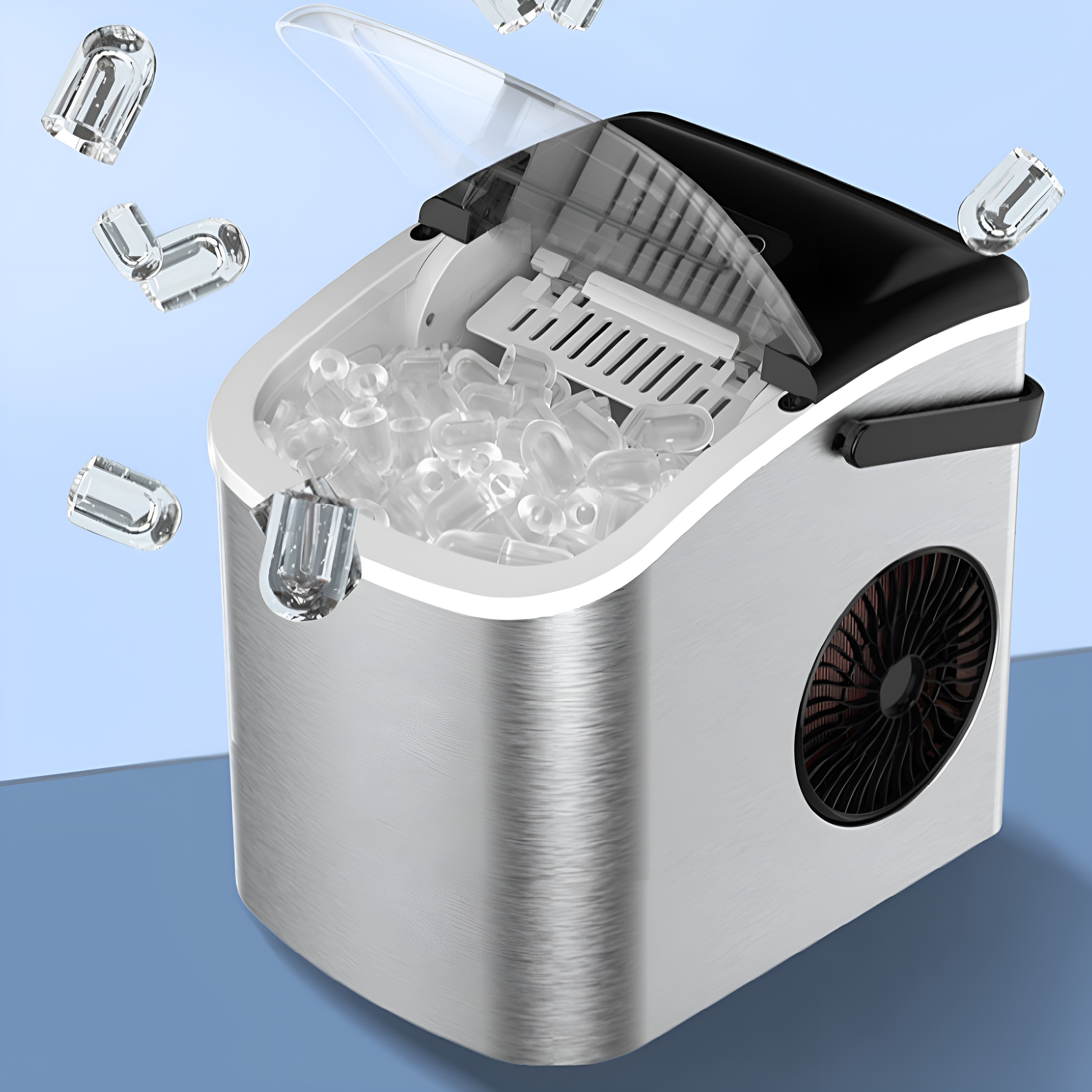 Eine Eismaschine. Klare Eiswürfel kommen heraus. Der Hintergrund ist blau.