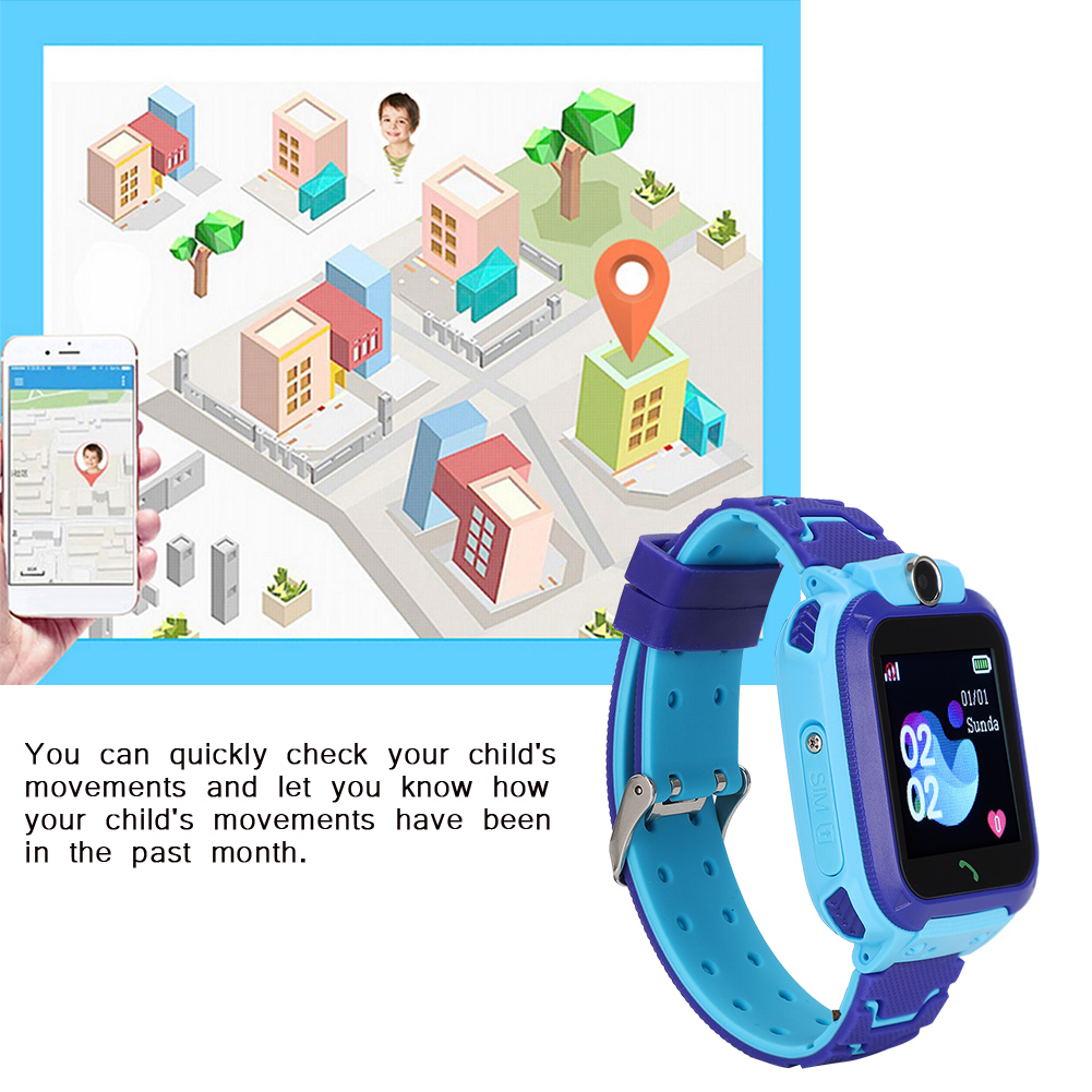 Blaue Smartwatch neben einem Telefon, das eine Karte mit dem Standort eines Kindes anzeigt.