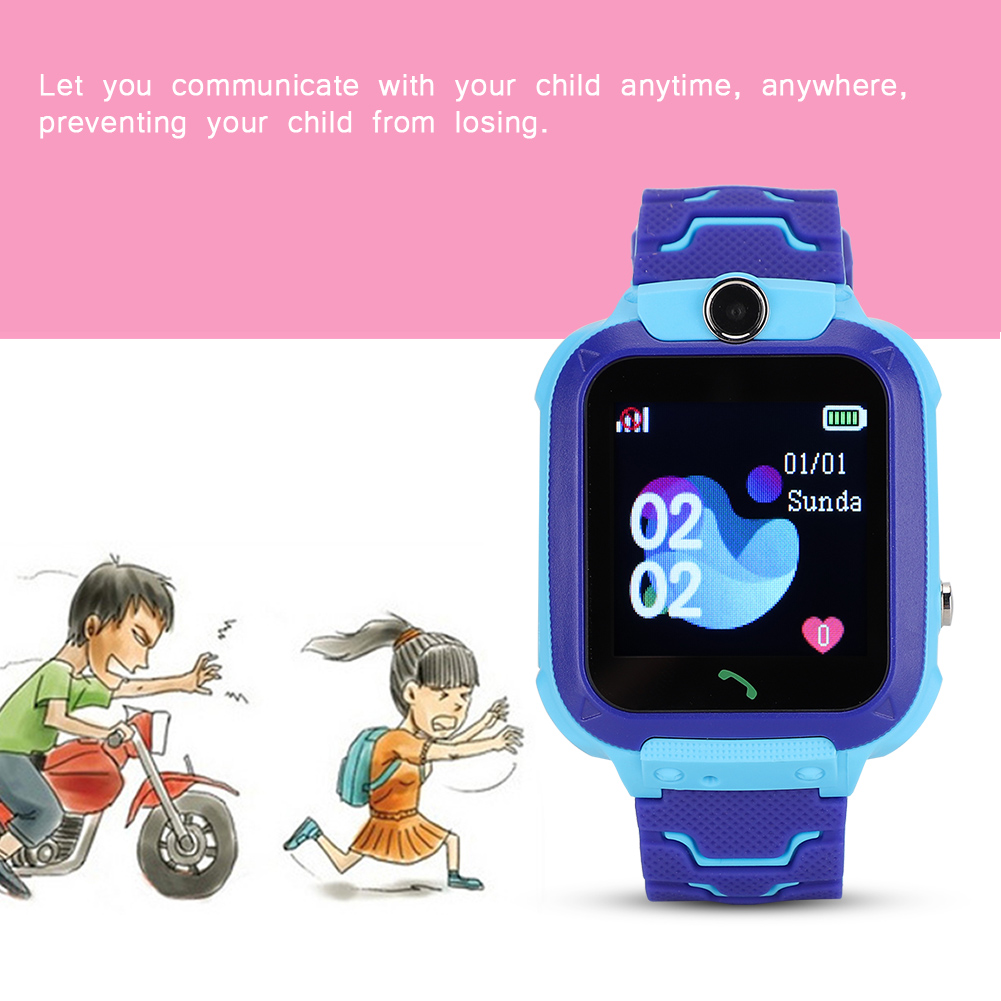 Kinder-Smartwatch mit blauem Armband und Bildschirm mit Datum, Uhrzeit und Herzsymbol.