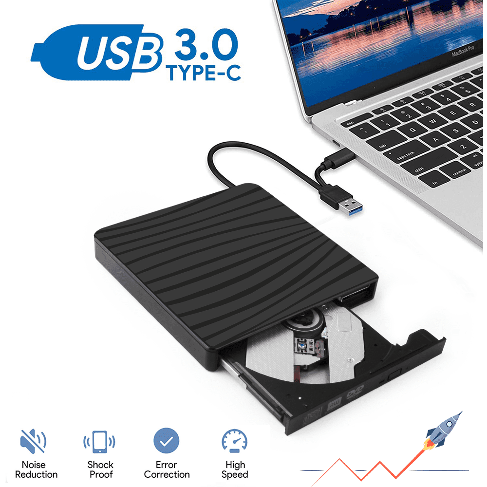 Schwarzes DVD-Laufwerk, an einen Laptop angeschlossen, mit USB 3.0, Typ-C. Text erwähnt 'Noise Reduction'.