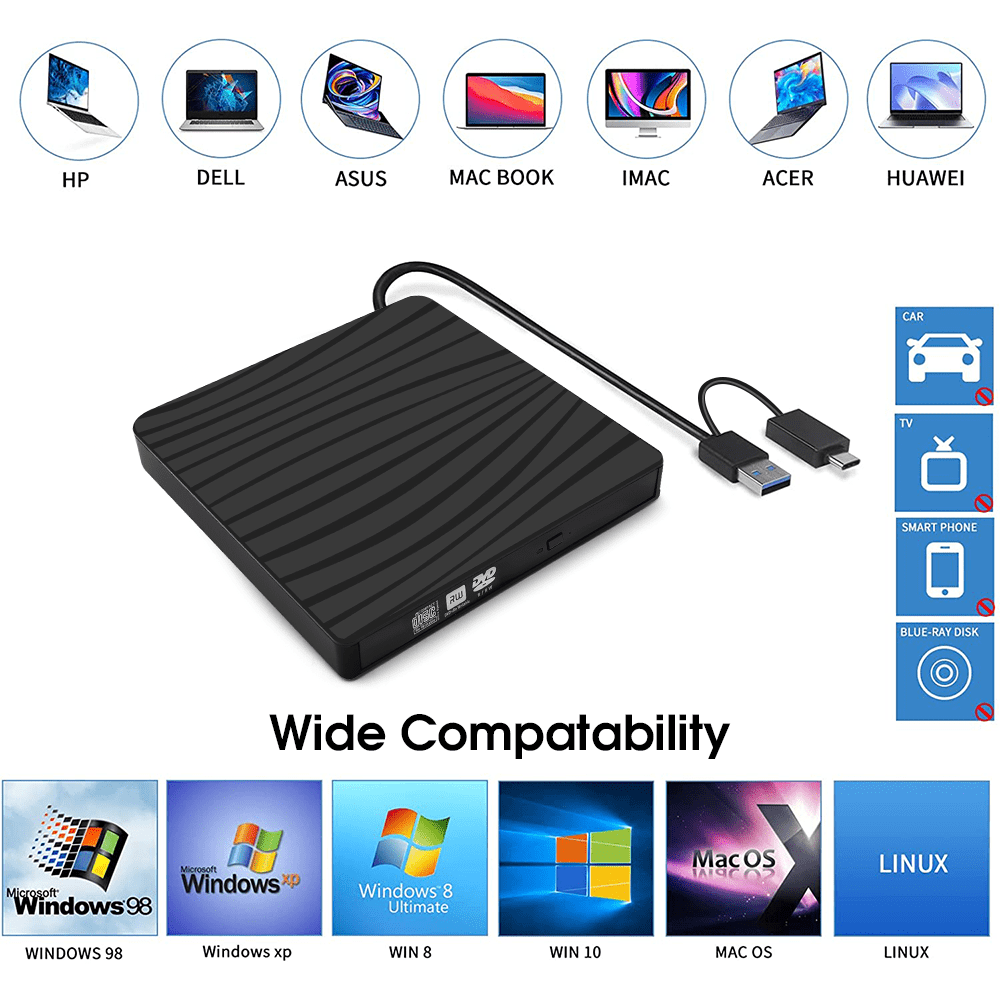 Schwarzes DVD-Laufwerk mit USB-Kabel, umgeben von Logos.