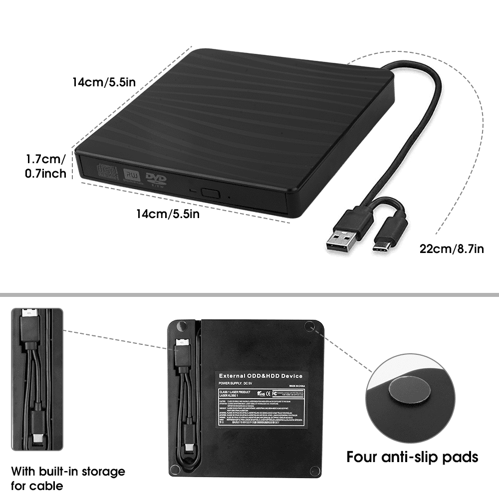 Schwarzes externes ODD- und HDD-Gerät mit Messungen. USB-Kabel sind angeschlossen. Der Hintergrund ist weiß.