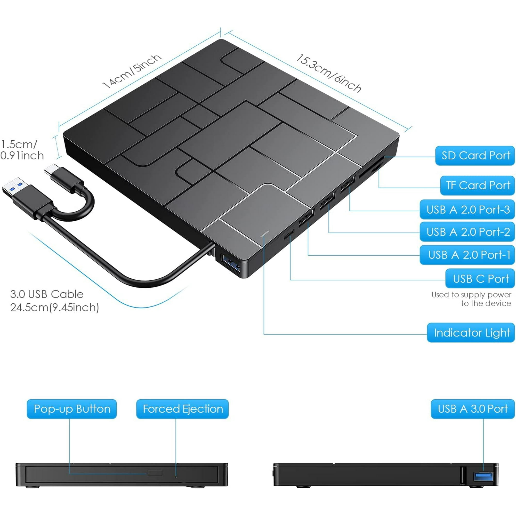 Schwarzer USB-Hub mit Anschlüssen und Kabel, Abmessungen sind enthalten.