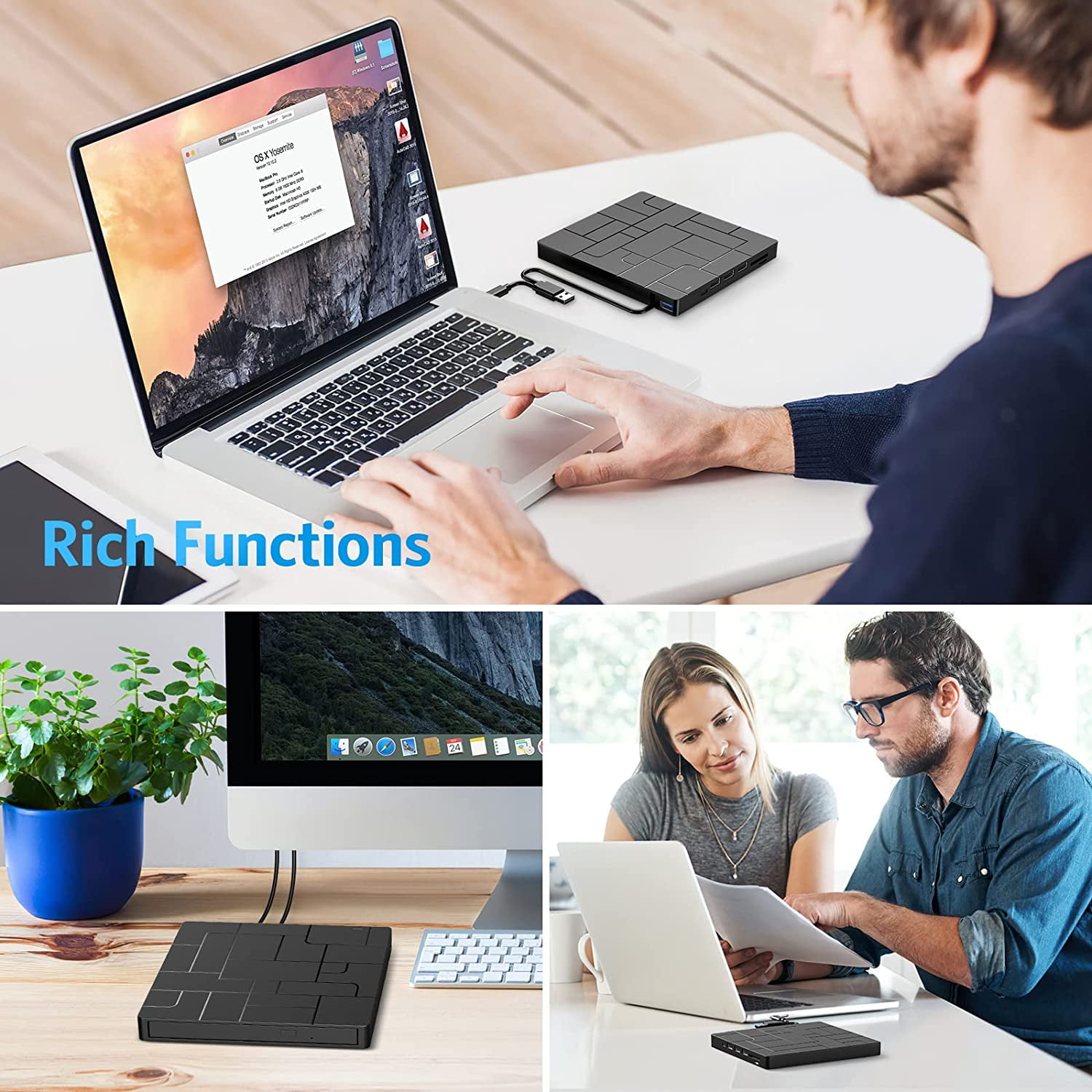 Vier Bilder einer Person, die einen Laptop und andere Geräte benutzt. Der Hintergrund ist weiß.