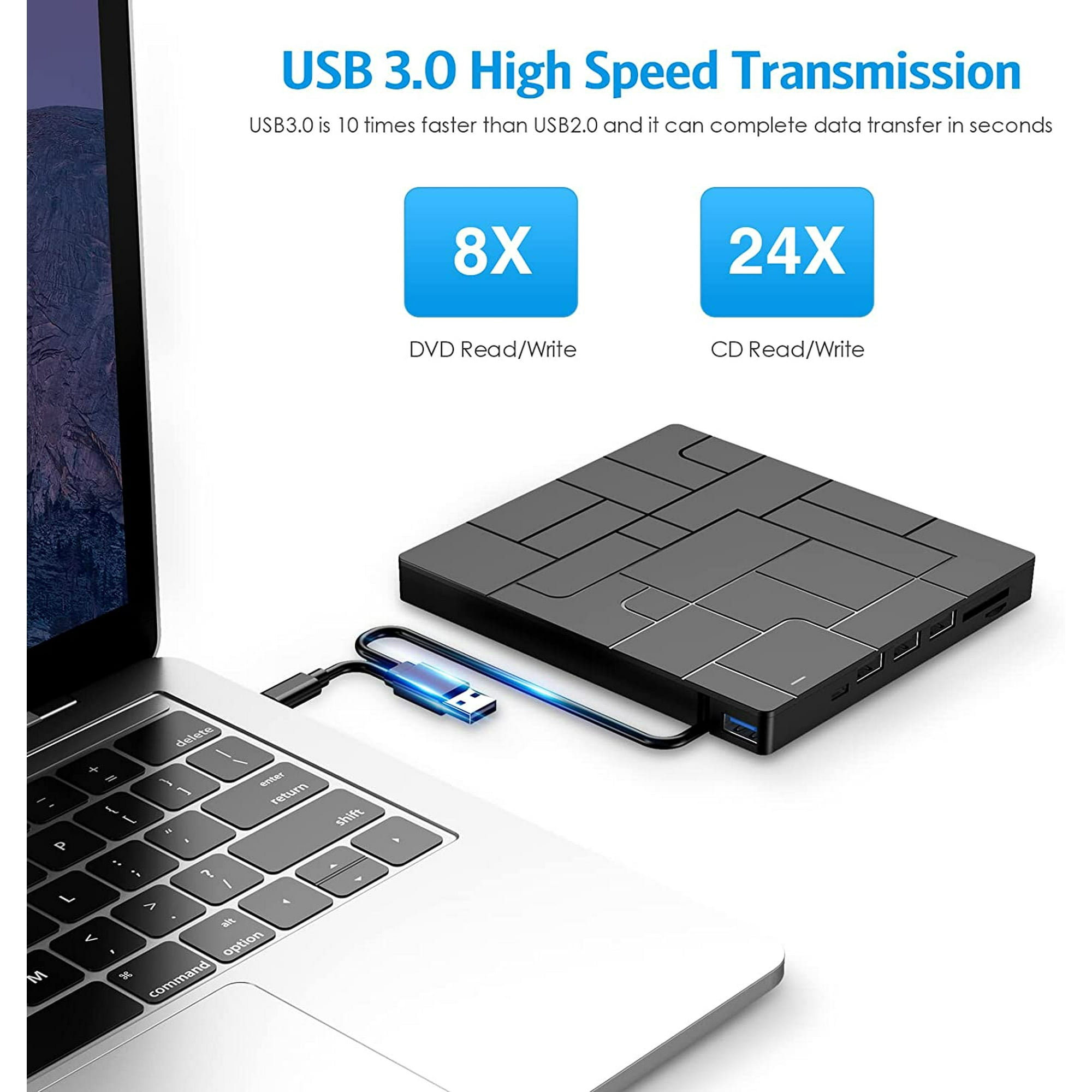 Laptop mit schwarzem externen Laufwerk verbunden. Blaues USB-Kabel. Text über USB 3.0-Geschwindigkeit.