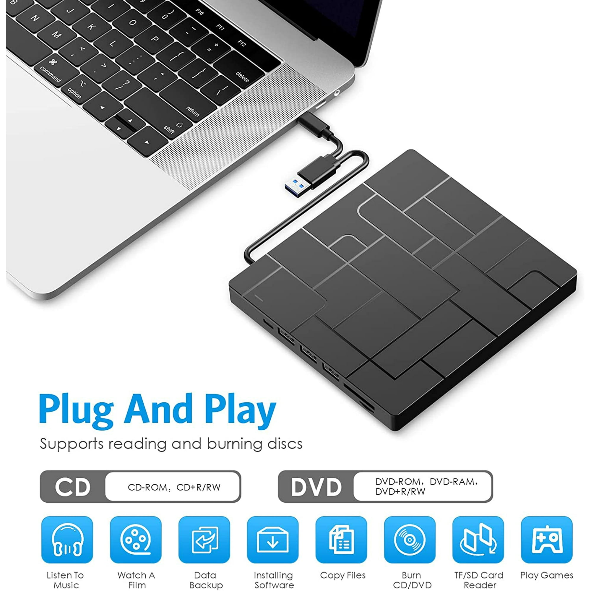 Laptop, der an ein schwarzes CD/DVD-Laufwerk angeschlossen ist, Symbole für CD/DVD-Funktionen unten.