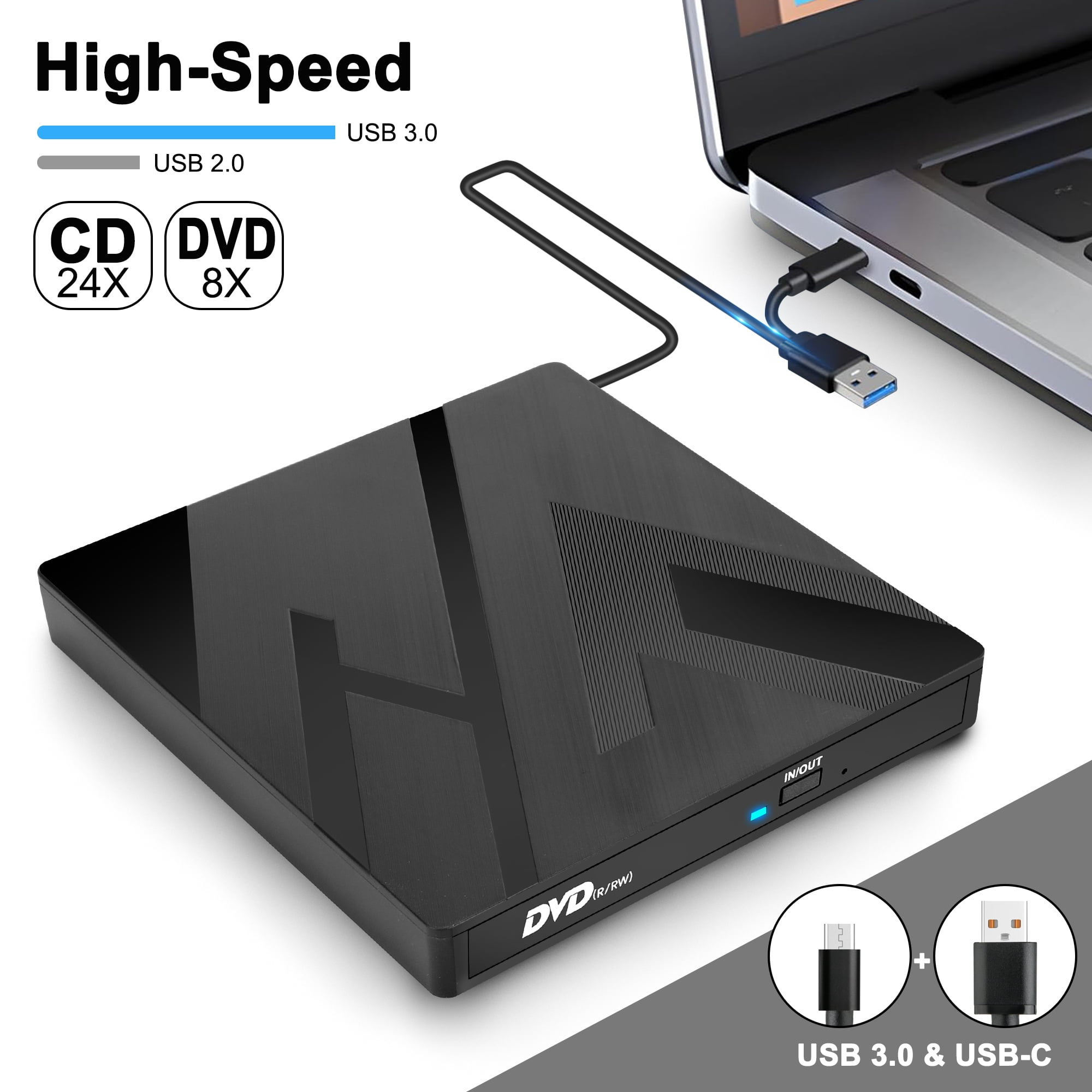 Ein schwarzer DVD-Brenner, der an einen Laptop angeschlossen ist. USB 3.0 und USB-C Kabel sichtbar.