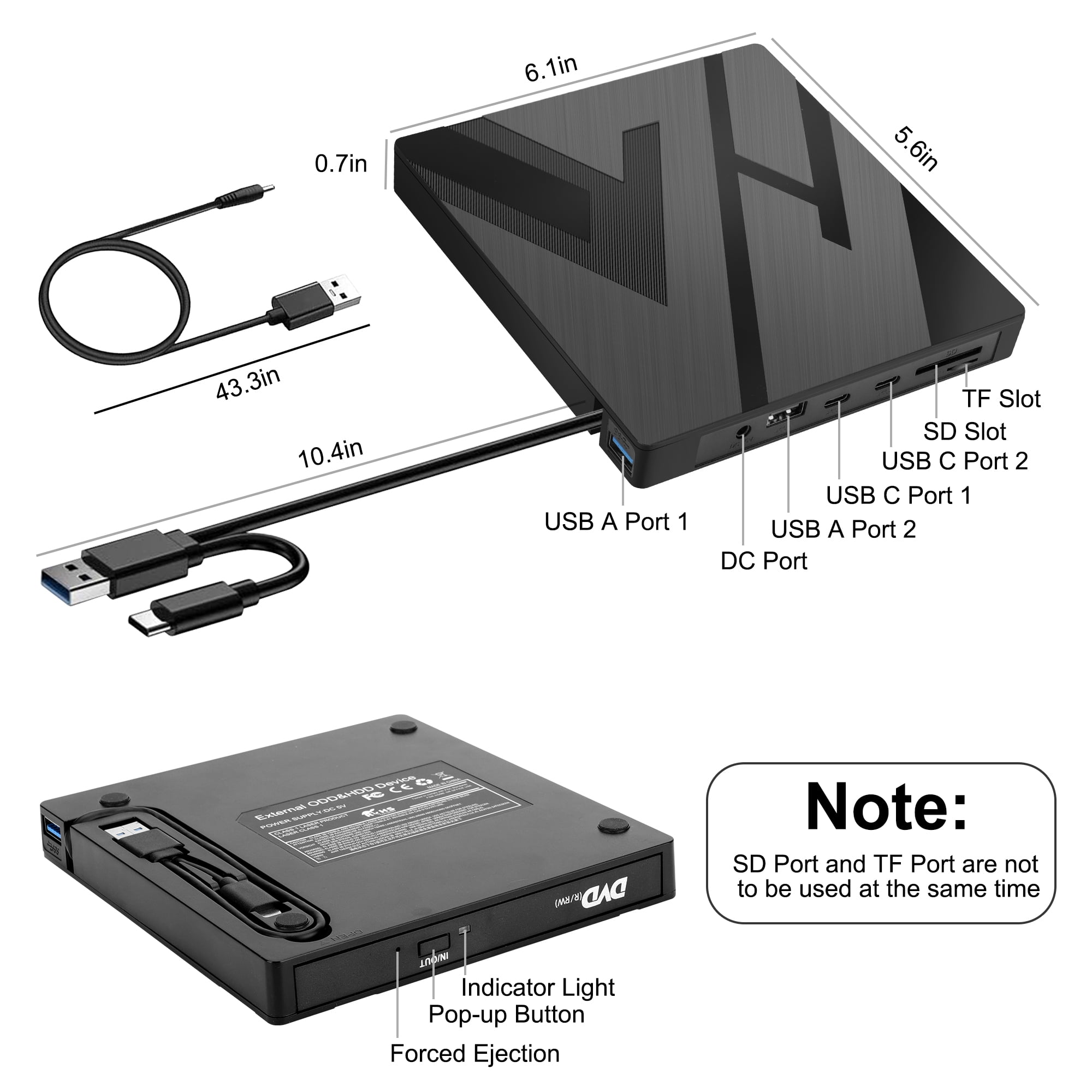 Schwarzes externes DVD-Laufwerk mit Anschlüssen und Abmessungen, Kabel enthalten.
