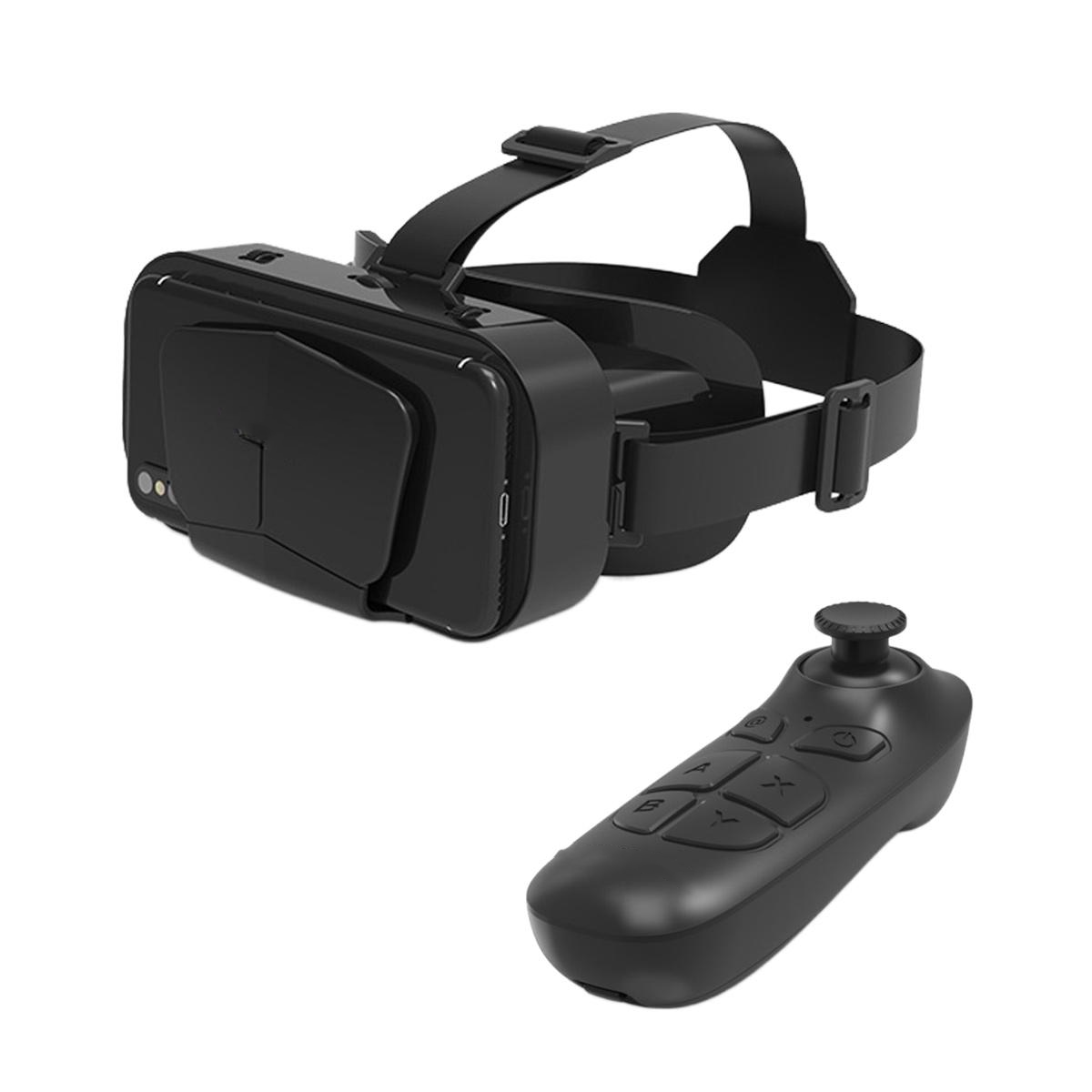 Schwarzes VR-Headset mit Kopfband und schwarzer Fernbedienung mit Knöpfen.