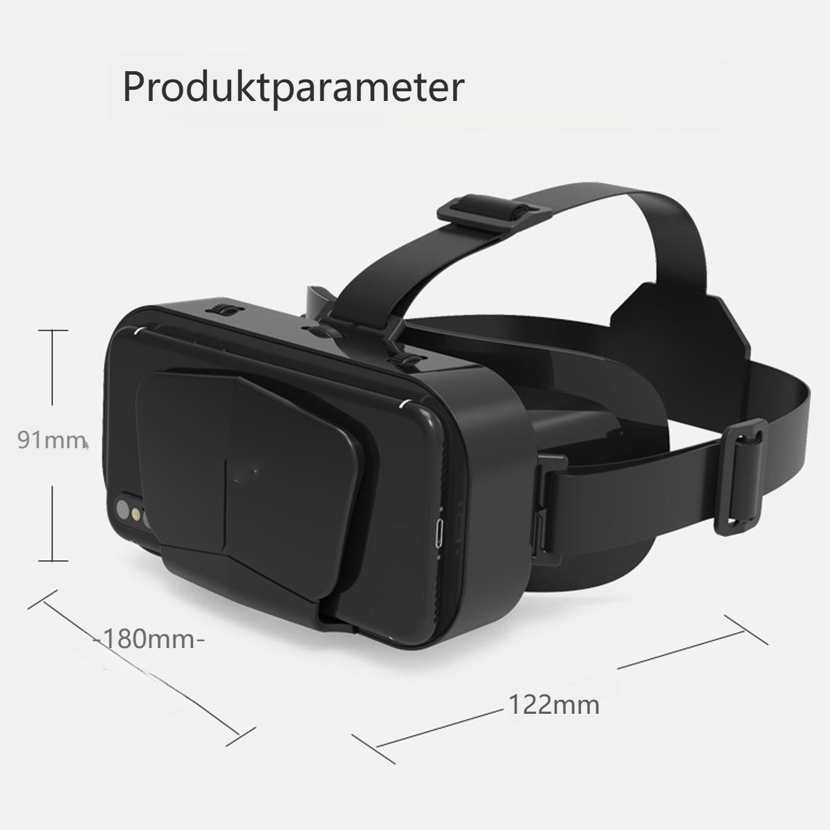 Schwarzes VR-Headset. Es ist in einer Profilansicht positioniert. Es hat Abmessungen auf der Seite: 180 mm, 122 mm und 91 mm.