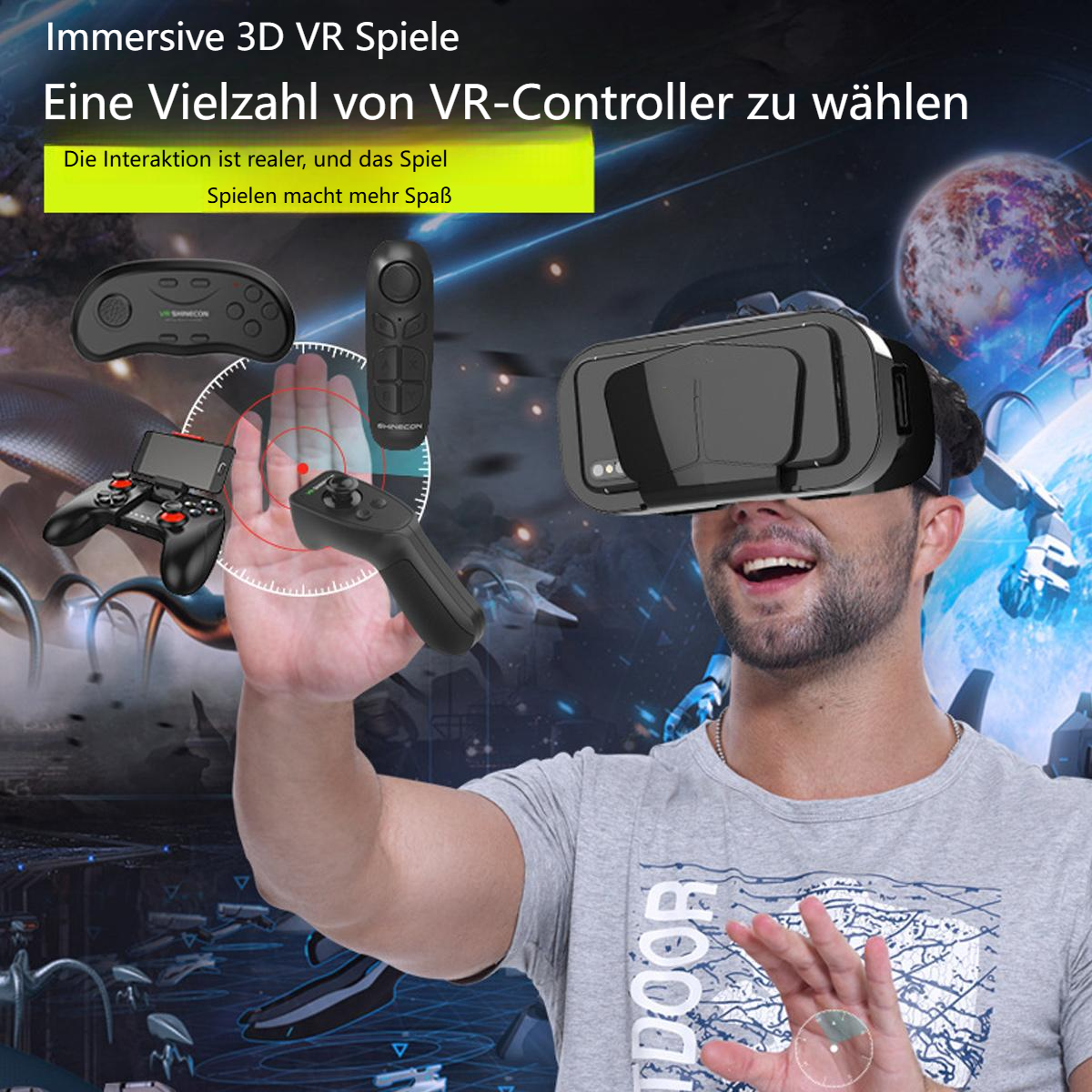 Ein Mann mit VR-Brille, Hände vor sich, mit VR-Controllern und einer Spielwelt.