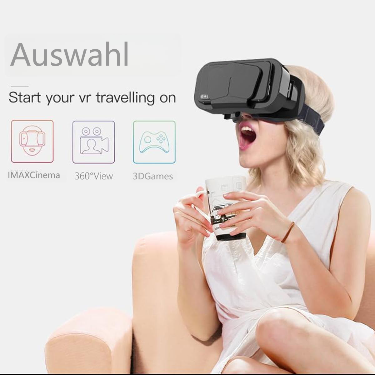 Eine Frau mit VR-Brille, die eine Tasse hält, mit Symbolen für VR-Erlebnisse im Hintergrund.