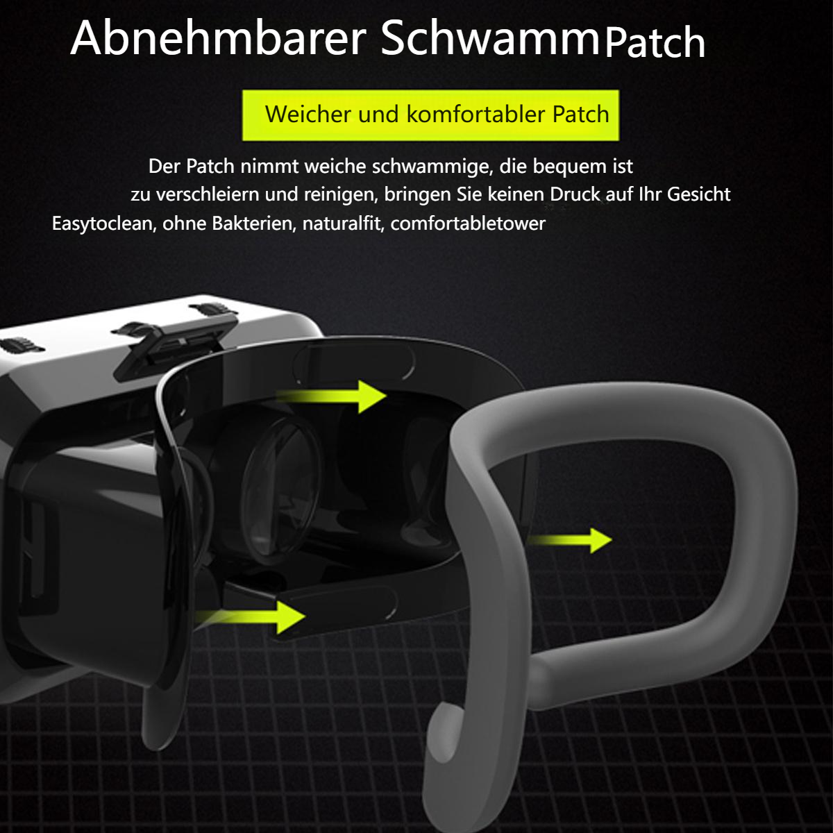 VR-Headset mit abnehmbarem Gesichts-Pad und Pfeilen, die Entfernung und Reinigung anzeigen.