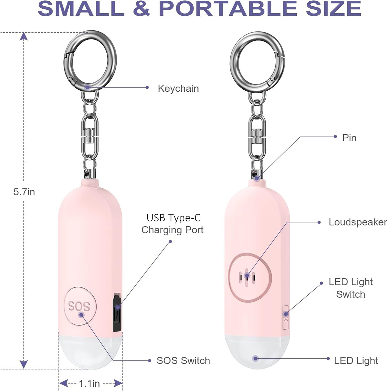 Kleiner, rosa persönlicher Alarm mit Schlüsselanhänger. Mit SOS-Taste und LED-Licht.