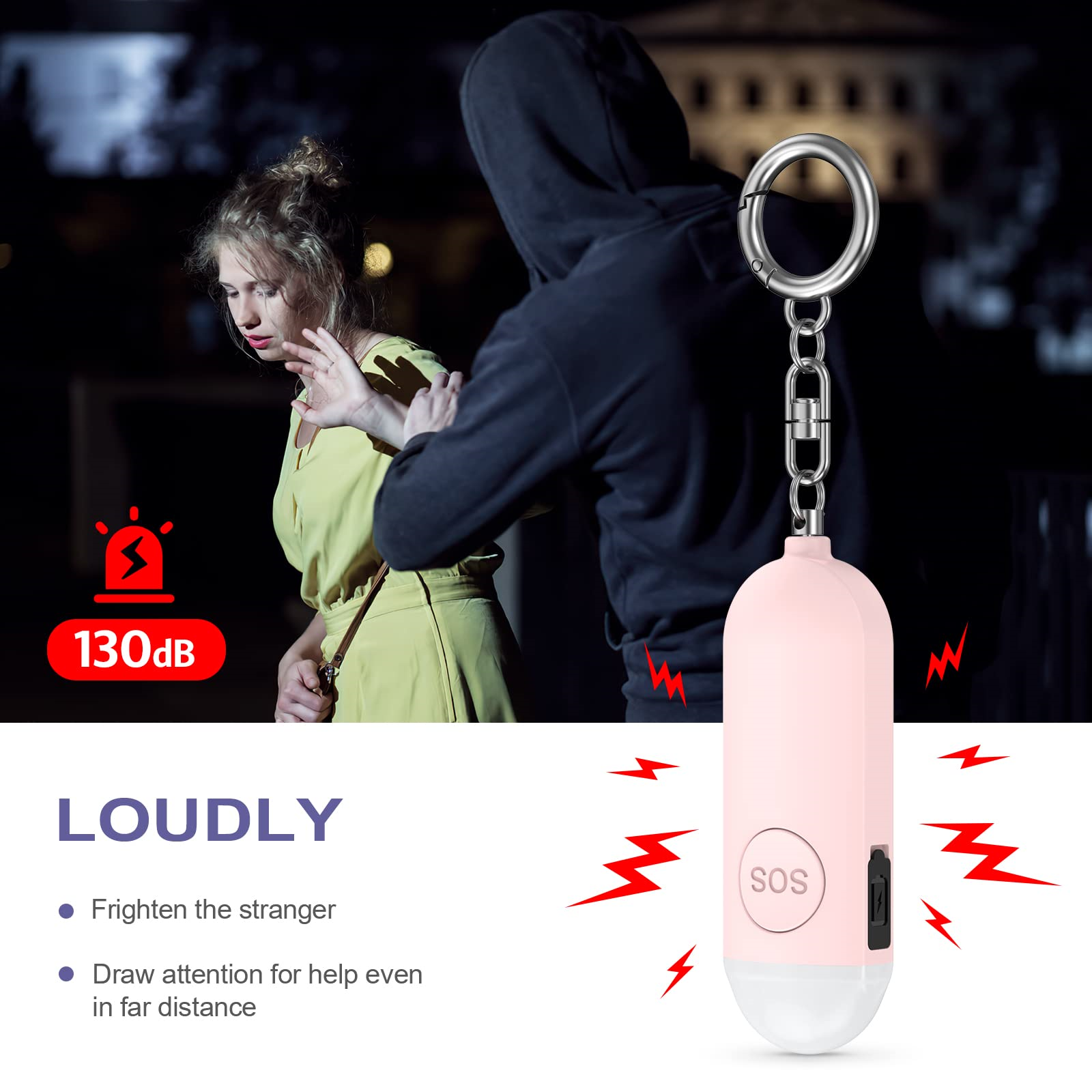 Ein rosa SOS-Alarm, eine Frau und eine Person mit Kapuze. Icons und Text zur Sicherheit werden angezeigt.