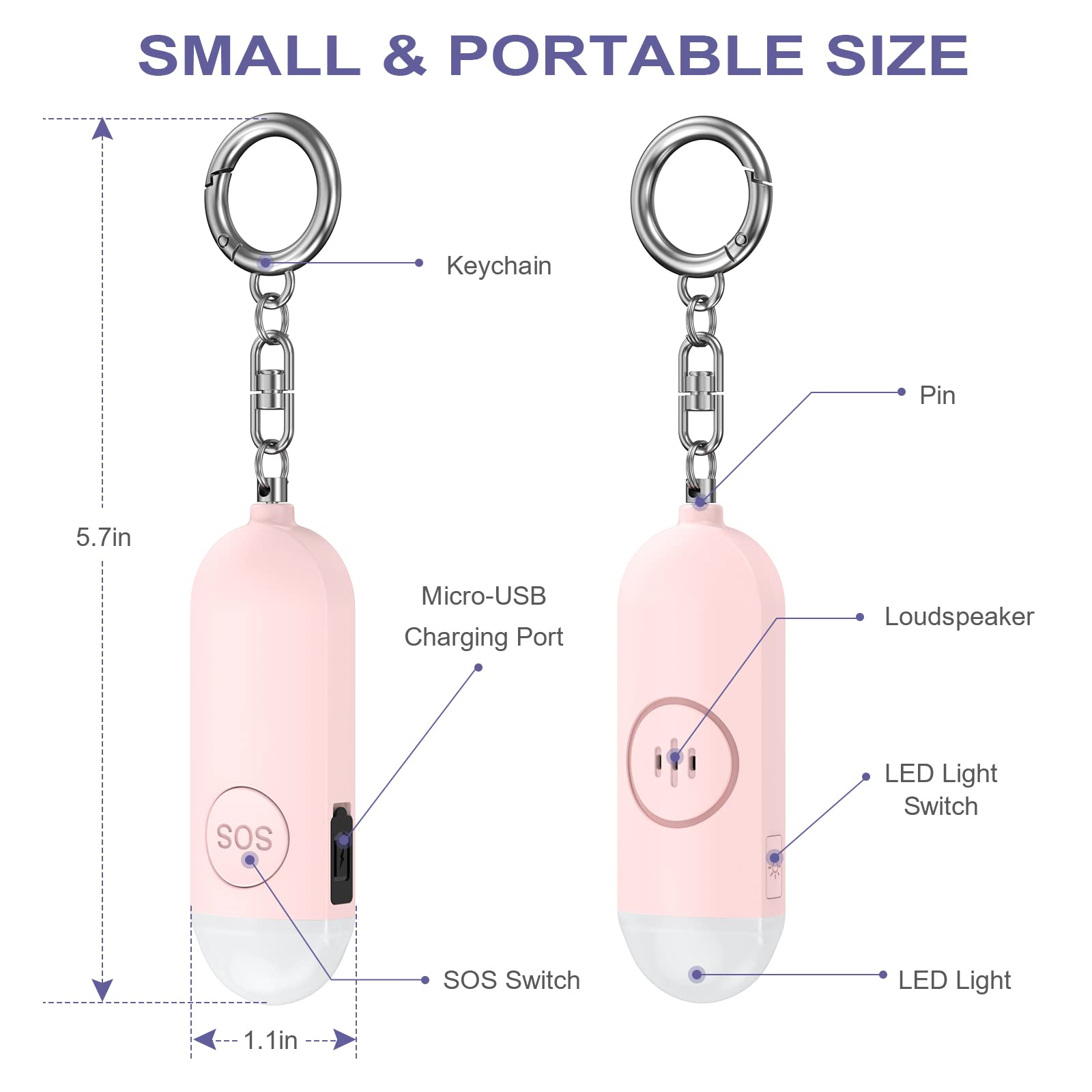 Rosa SOS-Gerät, mit Schlüsselanhänger, Micro-USB-Ladeanschluss, LED-Lichtschalter, SOS-Schalter.