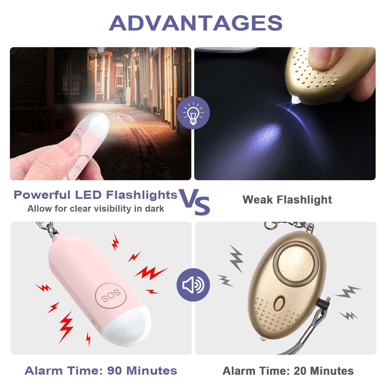 Ein Vergleich von Taschenlampen. Eine ist rosa, die andere gold. Text zeigt Vorteile, einschließlich LED-Licht.
