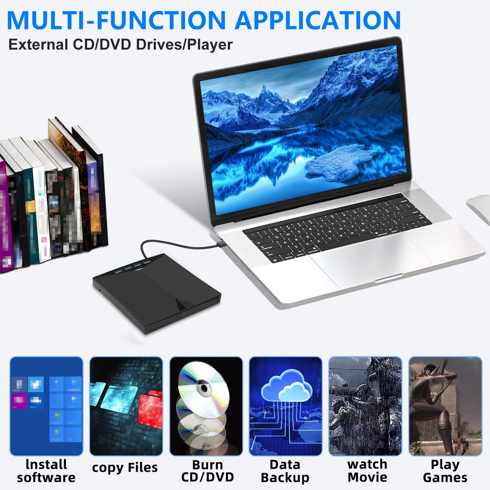 Laptop und externes DVD-Laufwerk mit Symbolen für Softwareinstallation, Datensicherung und Filmwiedergabe.
