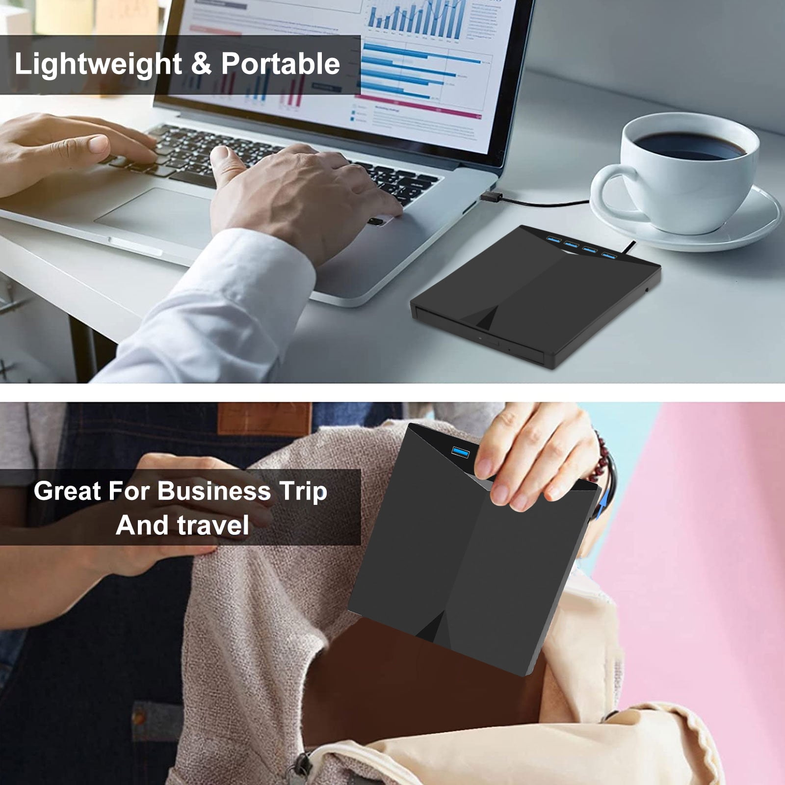 Zwei Bilder, die eine Person zeigen, die einen Laptop und ein Gerät benutzt. Der Hintergrund ist weiß.