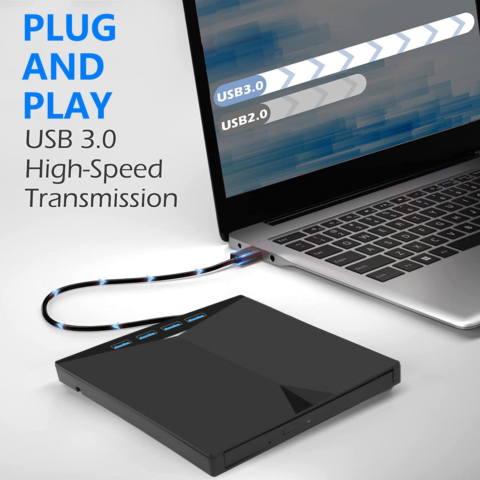 Laptop verbunden mit einem schwarzen USB-Hub, mit Text: USB 3.0 High-Speed.