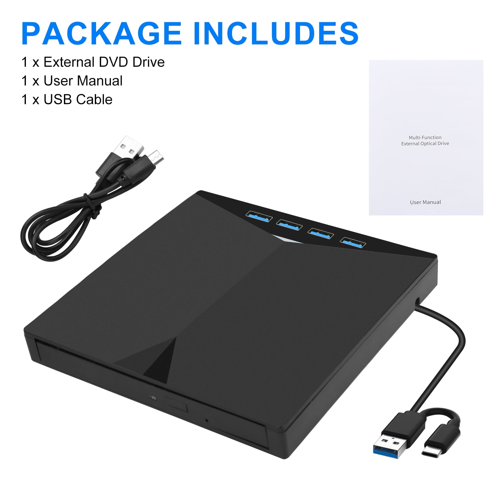 Schwarzes DVD-Laufwerk mit USB-Kabel und Benutzerhandbuch. Text: Paket enthält: DVD-Laufwerk, USB-Kabel.