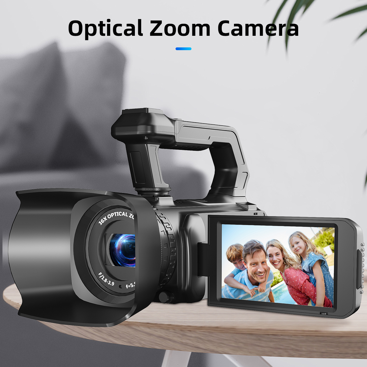 Schwarze Videokamera mit optischem Zoom und einem Bildschirm, der eine Familie zeigt. Text: Optische Zoomkamera.