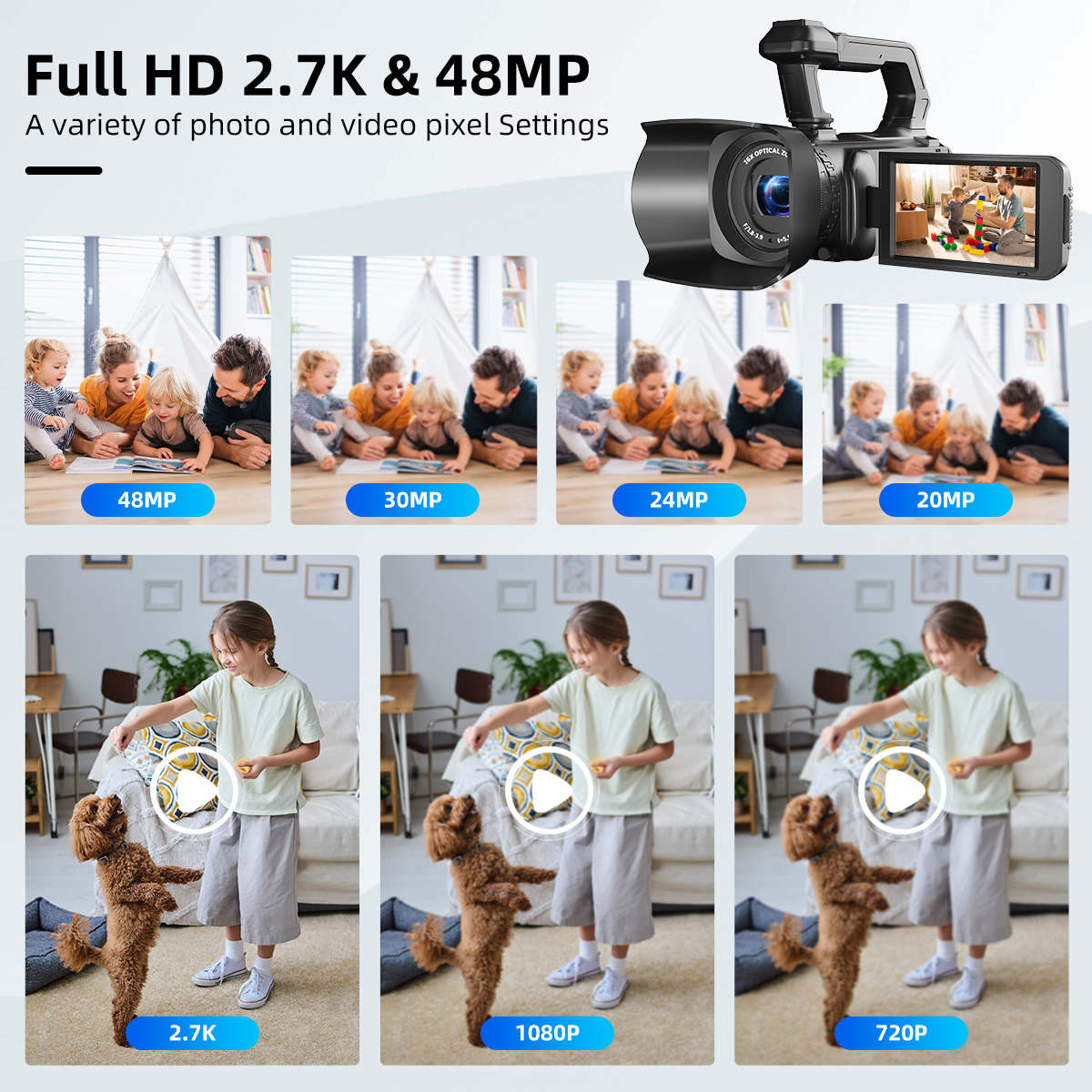 Kamera mit verschiedenen Pixeleinstellungen und Beispielen. Enthält Familien- und Hundevideos.