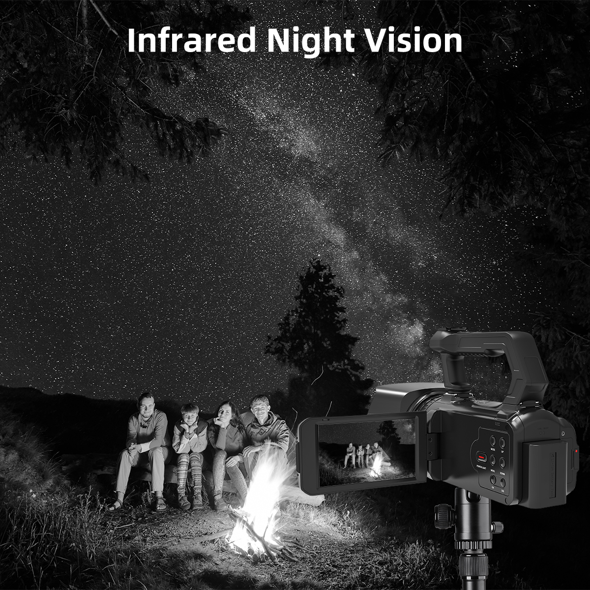 Nachtsichtszene: Menschen am Lagerfeuer. Ein Camcorder nimmt auf, der Sternenhimmel im Hintergrund.
